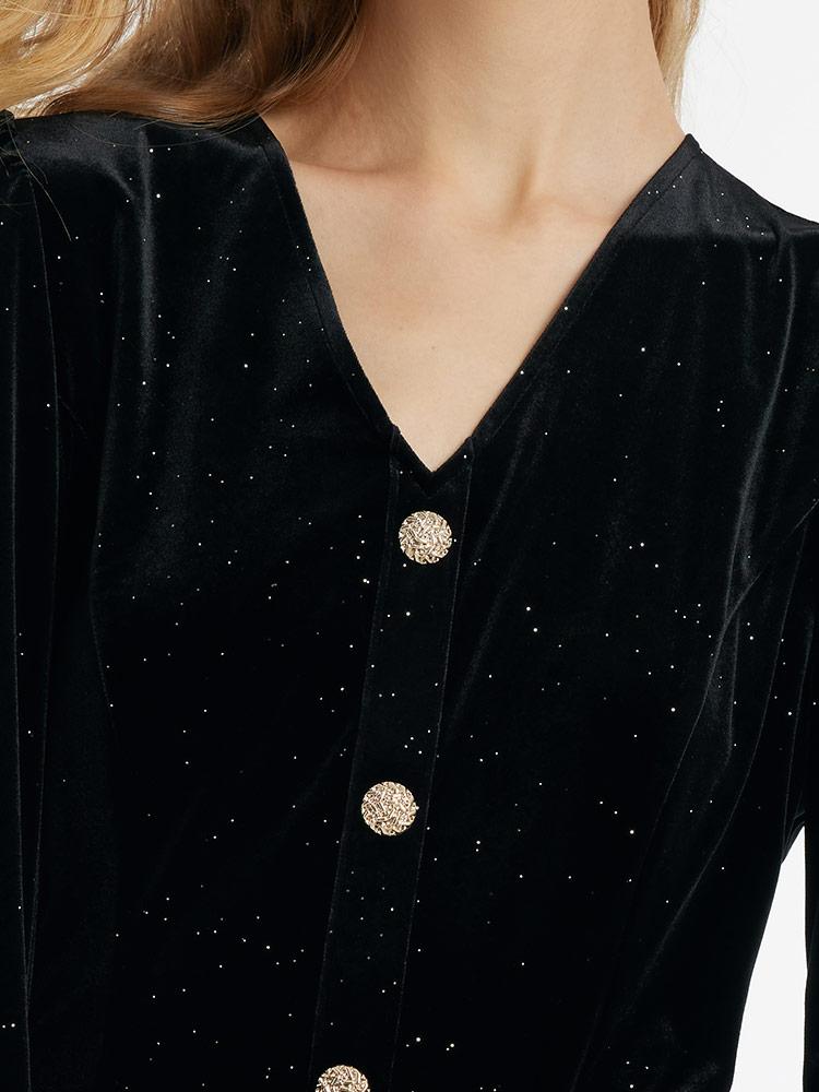 Velvet V-Neck Women Dress With Chain Belt