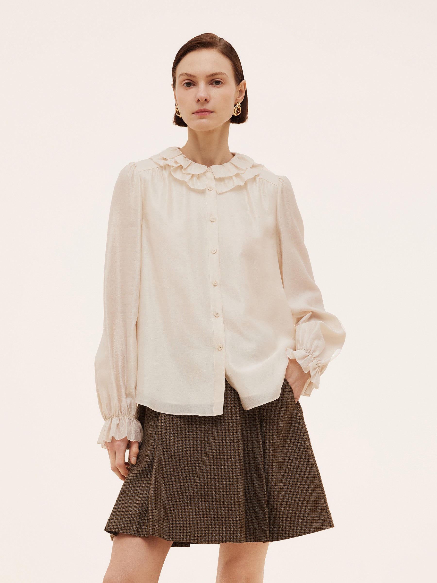 Acetate Modal Blend Ruffle Neckline Women Shirt