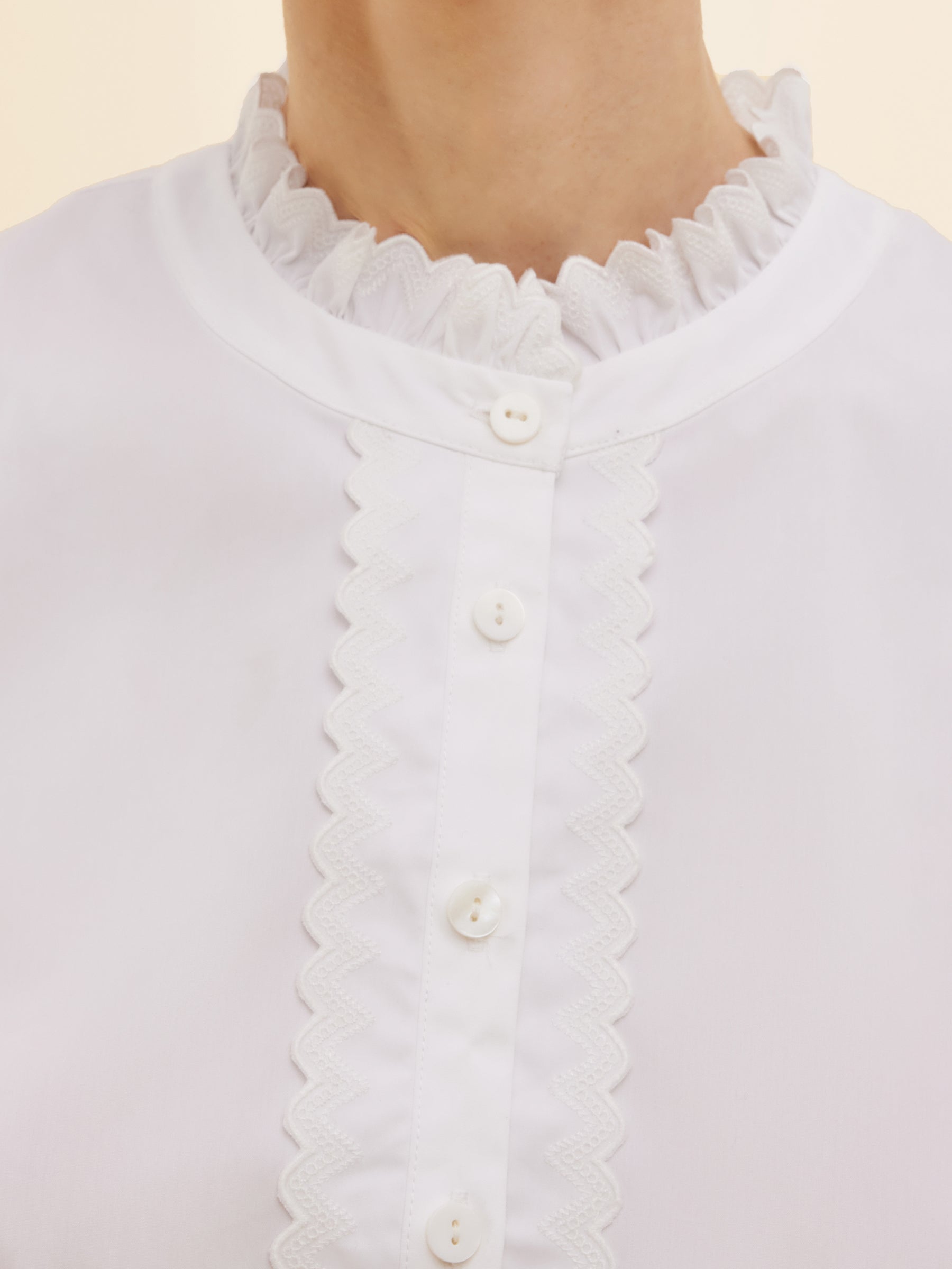 Ruffle Collar Embroidered Placket Women Shirt
