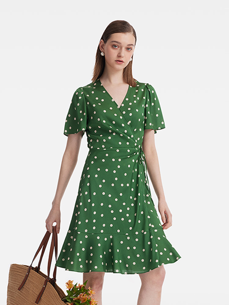 19 Momme Mulberry Silk Polka Dots Print Ruffle Women Mini Dress With Scrunchie