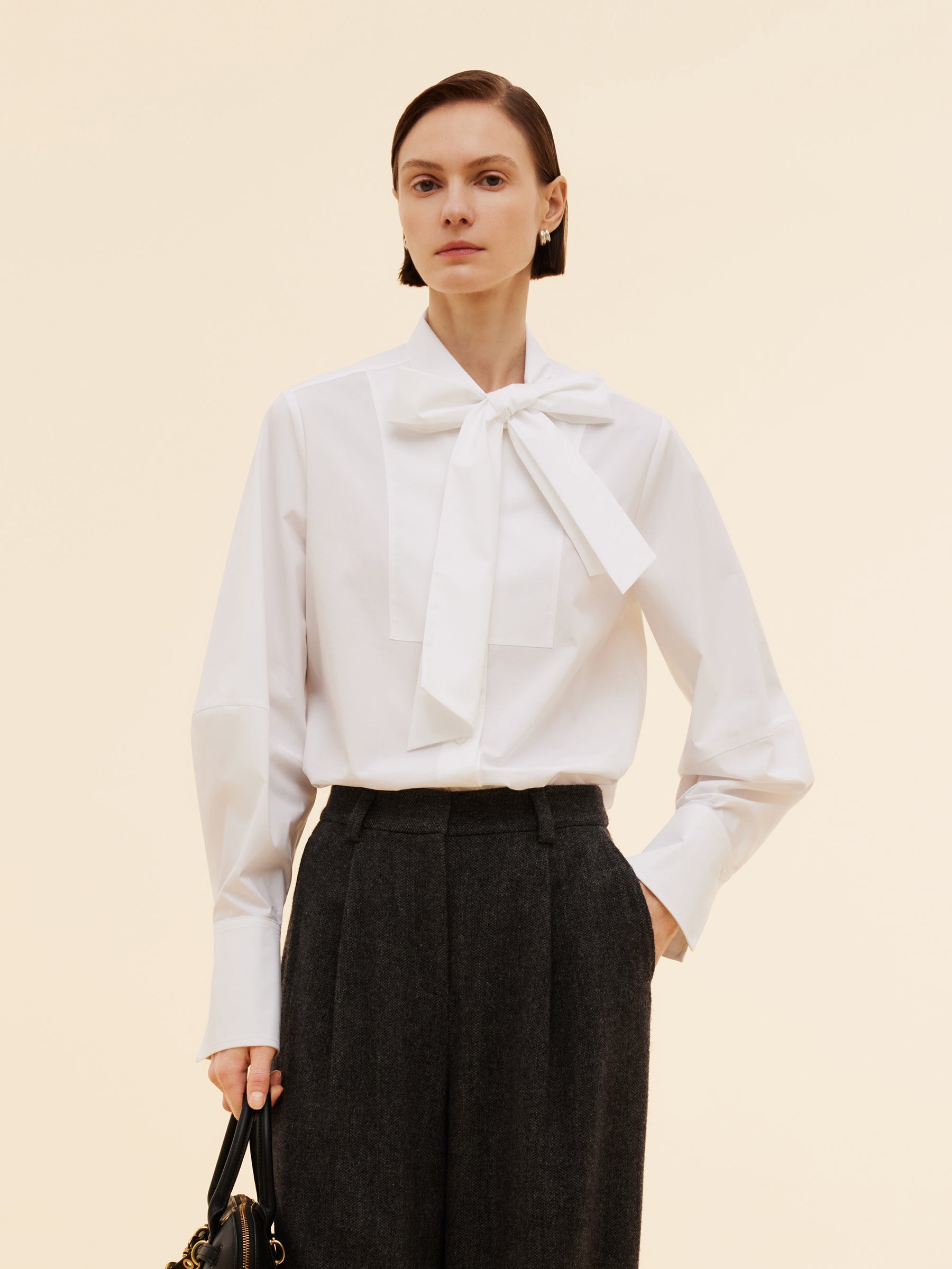 Bow Tie Front Balloon Sleeve Women Loose Shirt