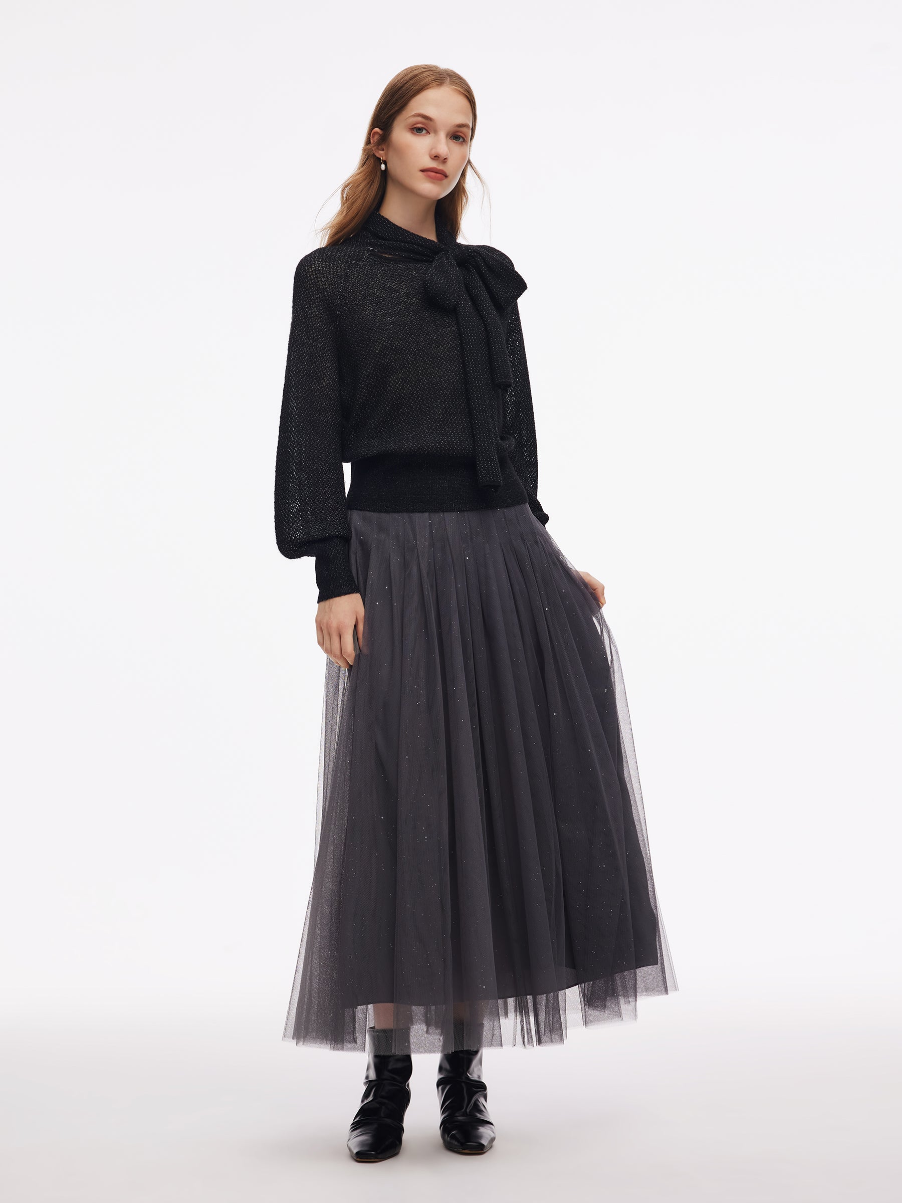 Tie Front Balloon Sleeve Women Knit Top