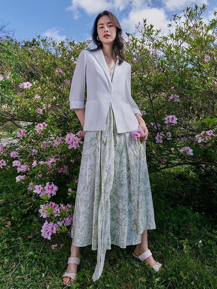 White Triacetate Three Quarter Sleeve Slim Women Blazer