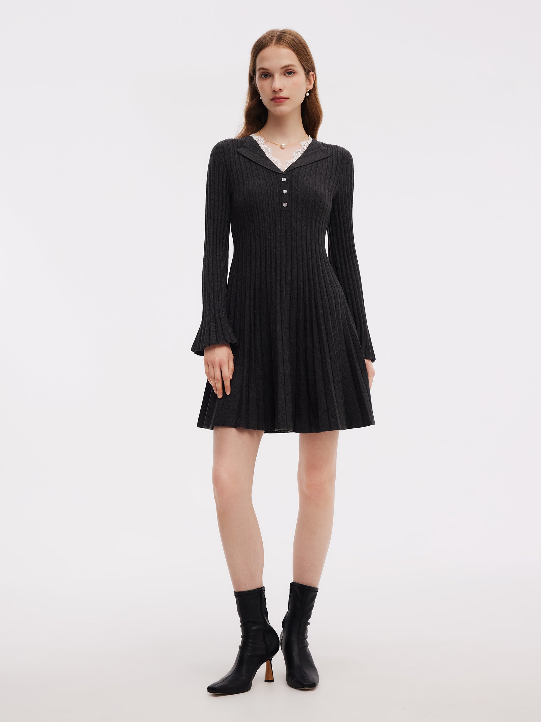 Lyocell Blend Faux Two-Piece Women Pleated Knit Mini Dress