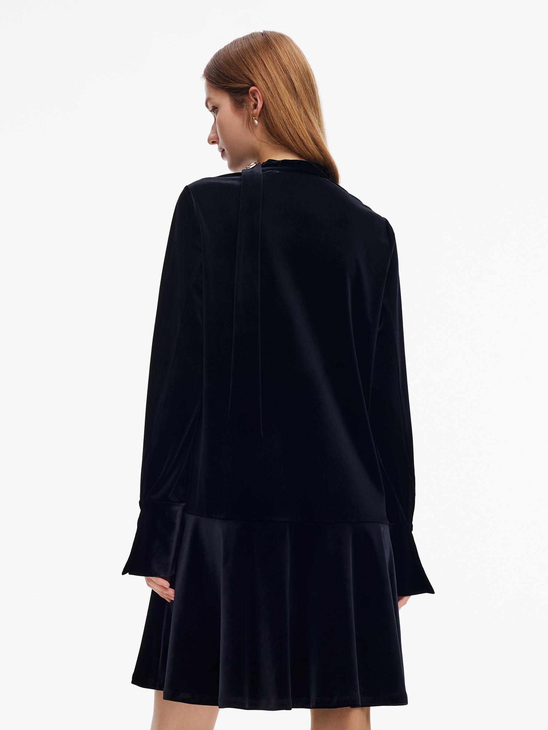 Velvet Ribbon V-Neck Ruffle Hem Women Mini Dress