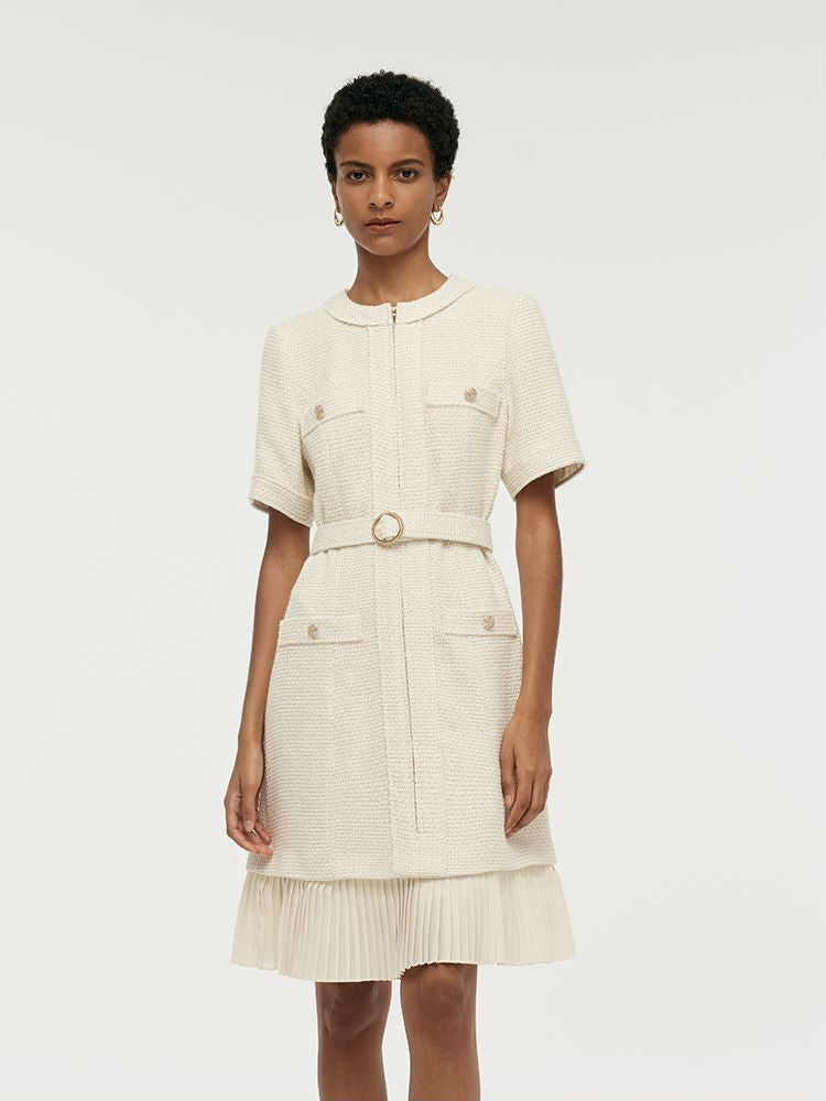 Wool Blend Tweed Women Mini Dress With Belt