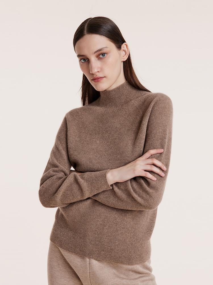 Coffee Seamless Mock Neck Cashmere Women Sweater
