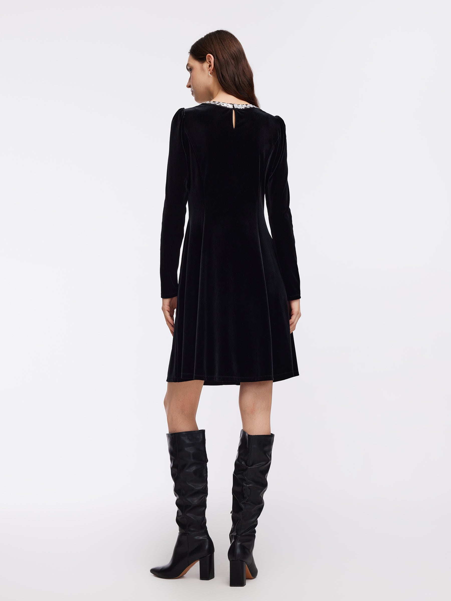 Velvet Sequined Round Neck Women Mini Dress