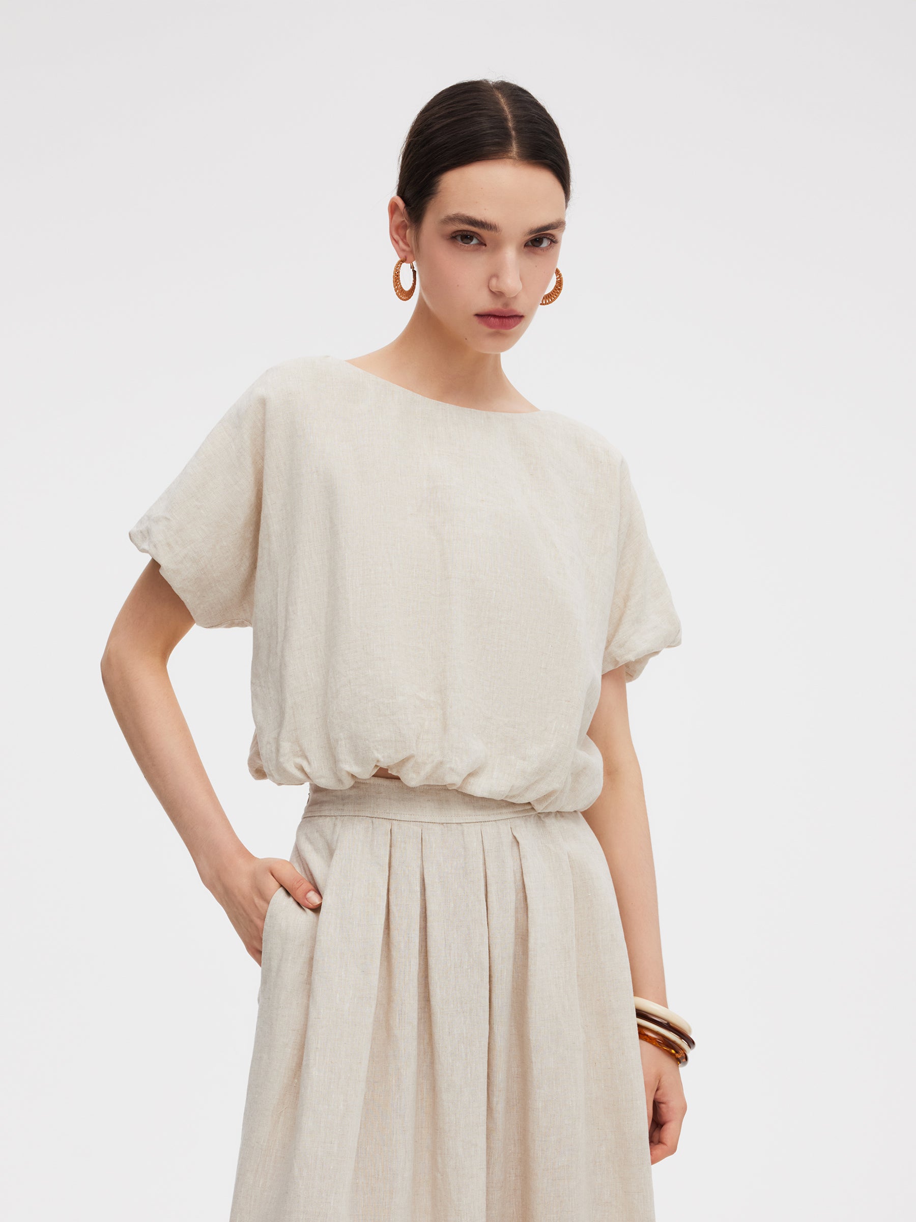 100% Linen Women Bud Sleeve Top