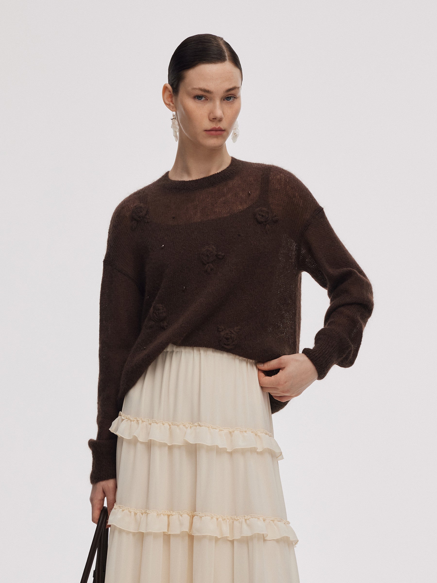Mohair Wool Blend Women Hand-Crocheted Floral Sweater