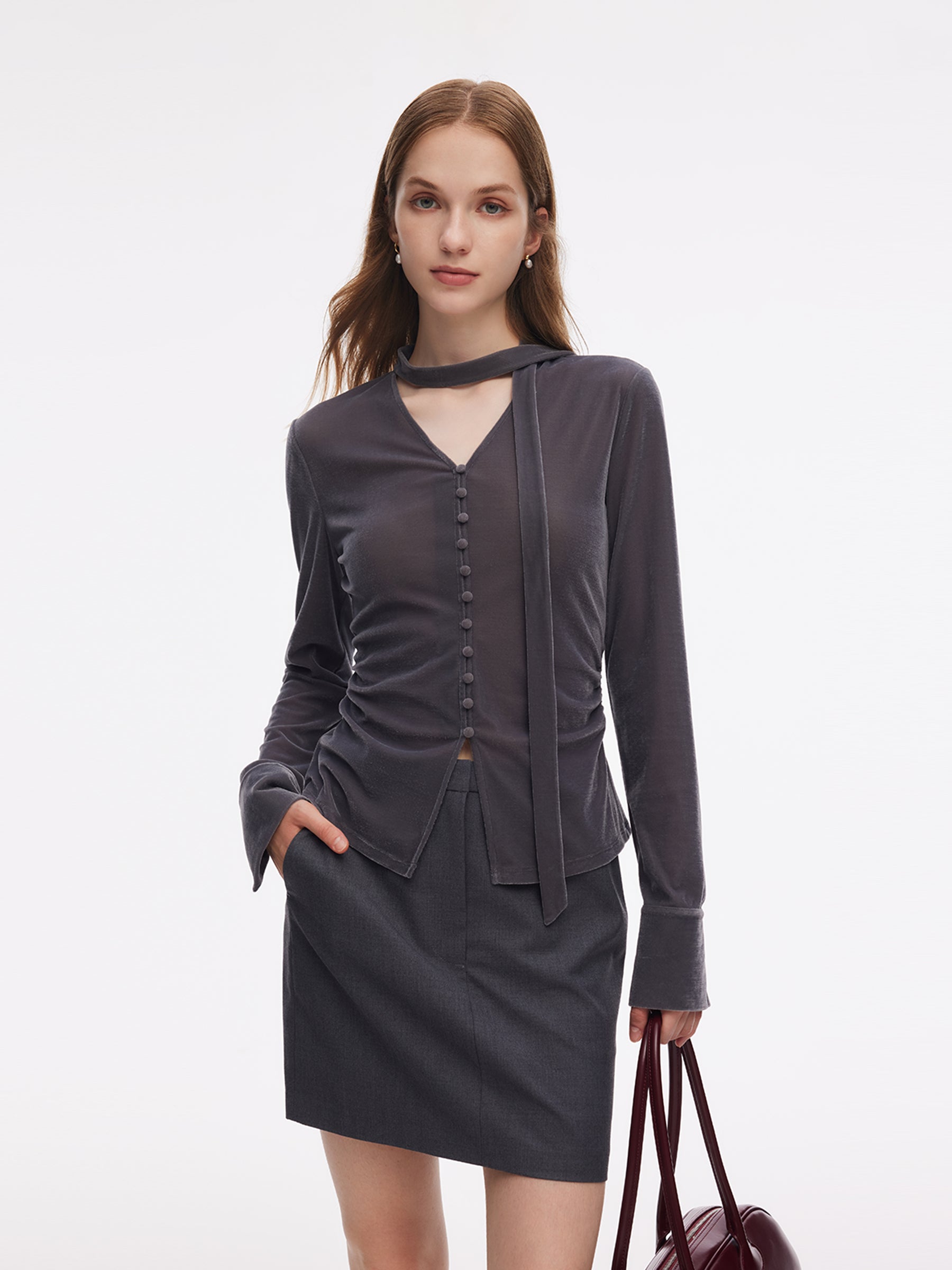 Velvet Stretch Ribbon V-Neck Women Top