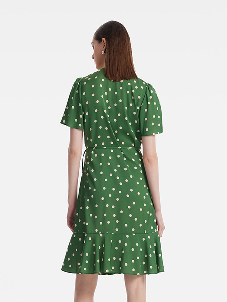 19 Momme Mulberry Silk Polka Dots Print Ruffle Women Mini Dress With Scrunchie