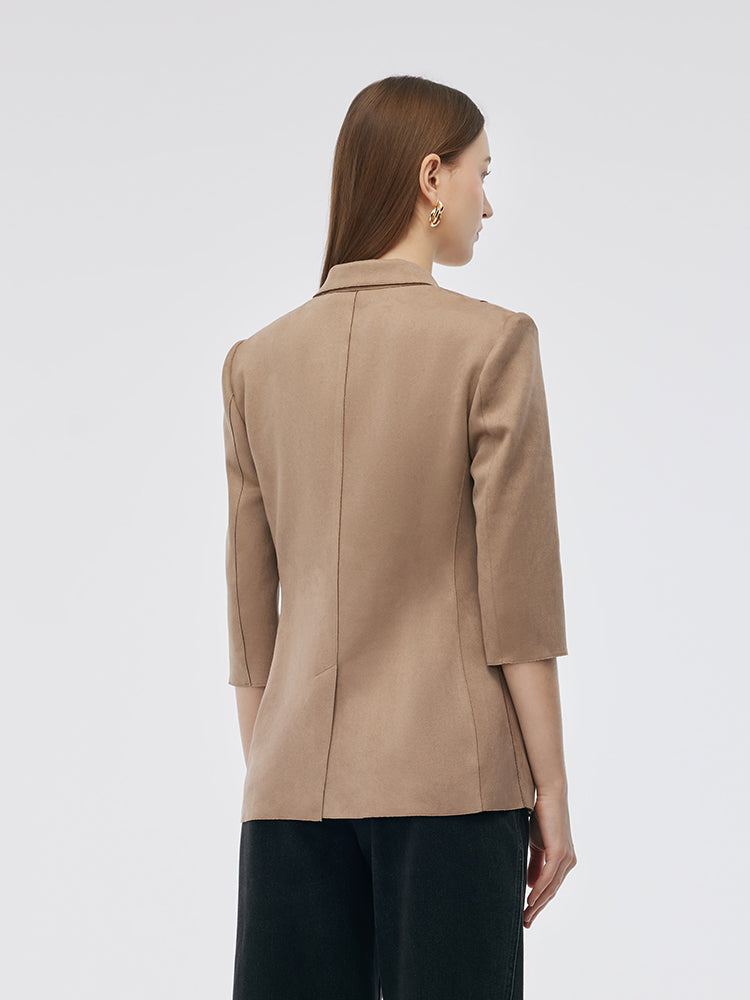 Faux Suede One Button 3/4 Sleeve Women Blazer