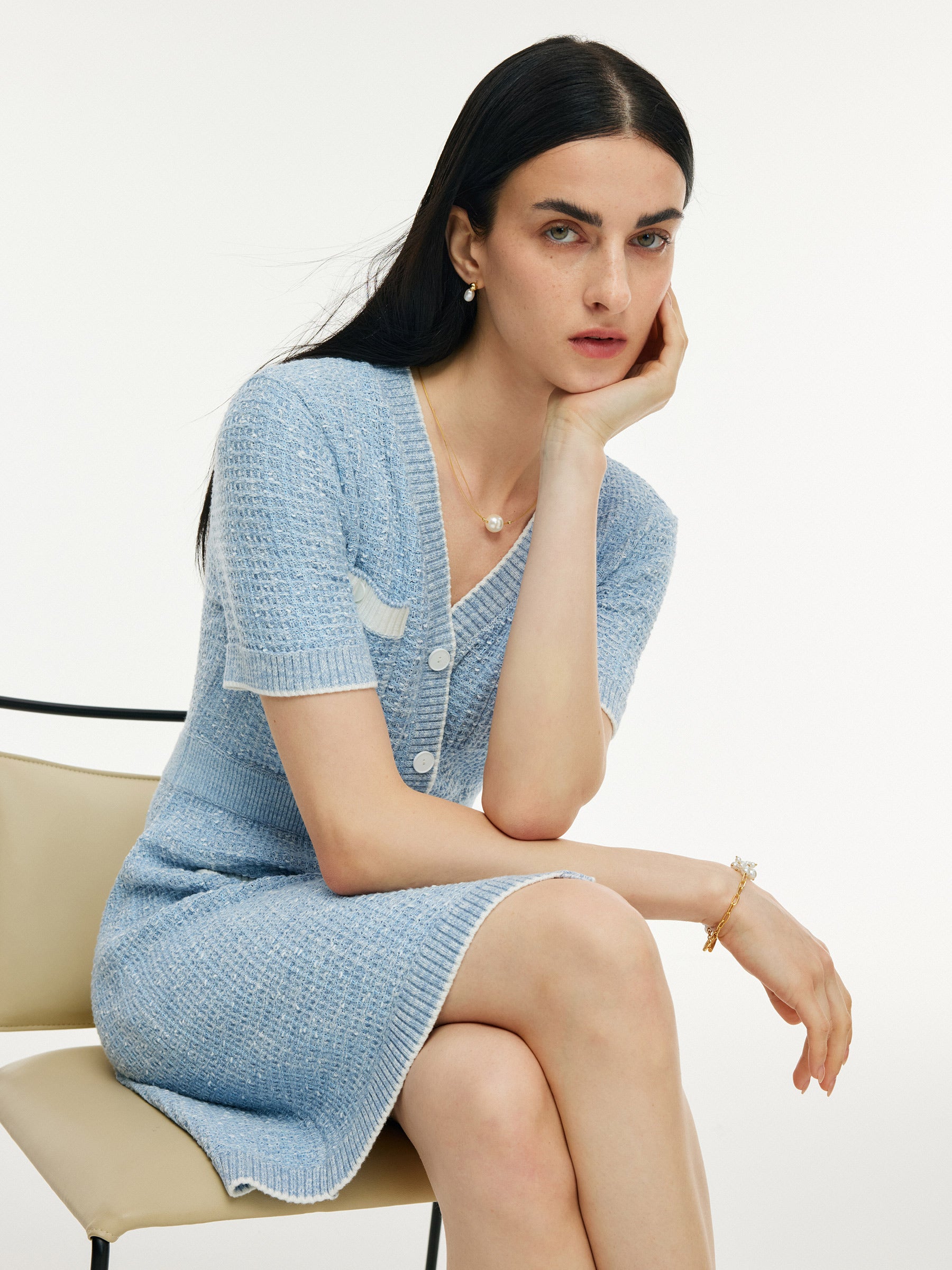 V-Neck Gathered Waist Women Knit Mini Dress