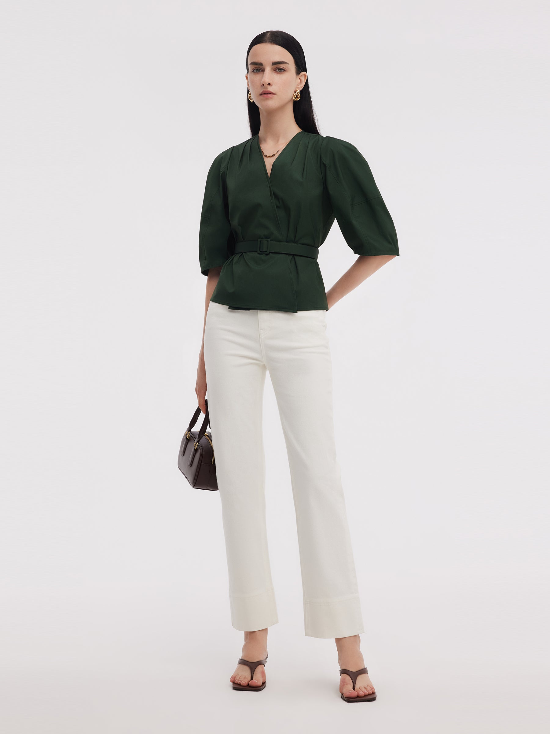 Dark Green V-Neck Women Blouse With Belt