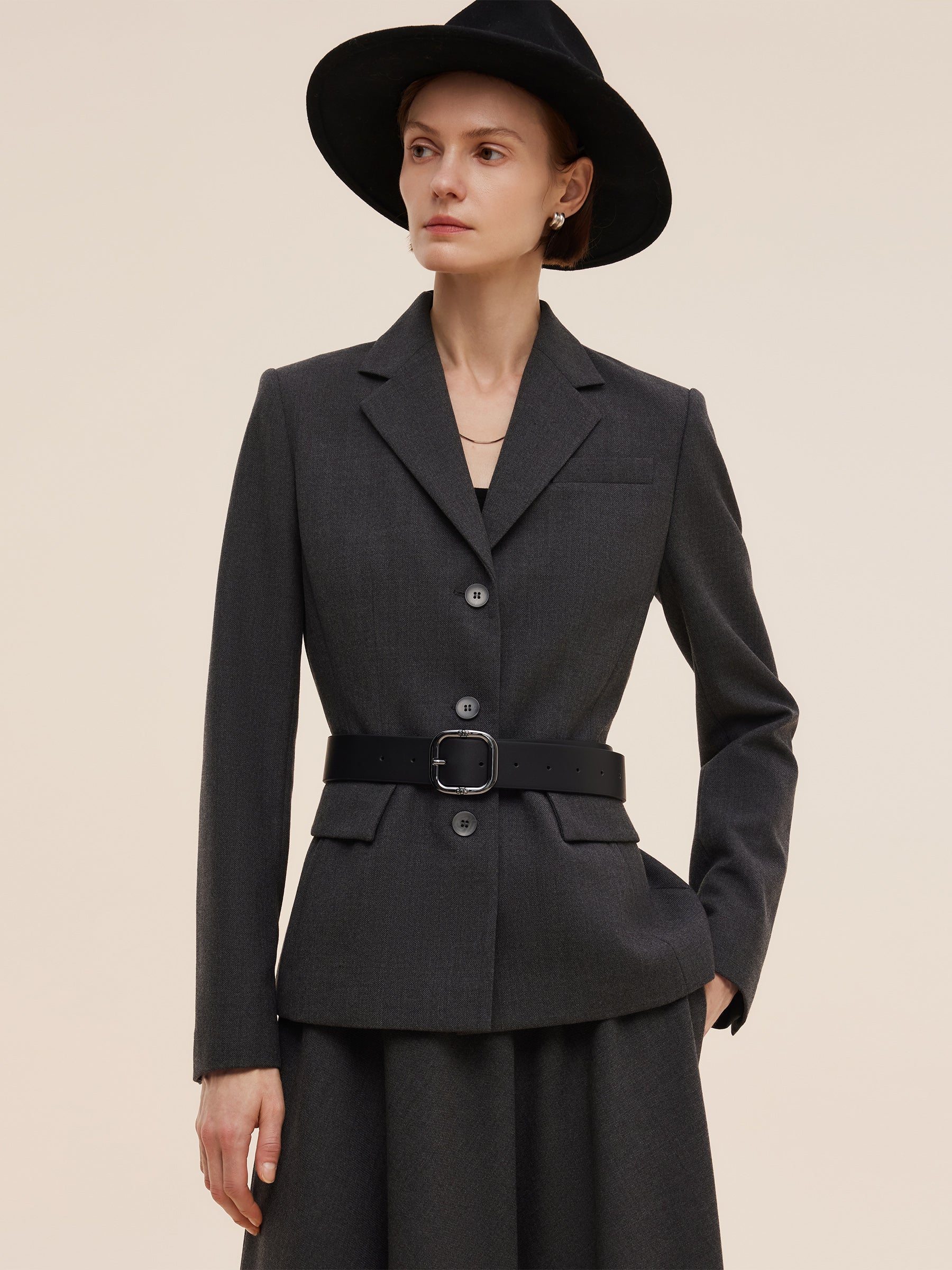 Worsted Wool Blend Women Blazer With Fringe Scarf And Belt