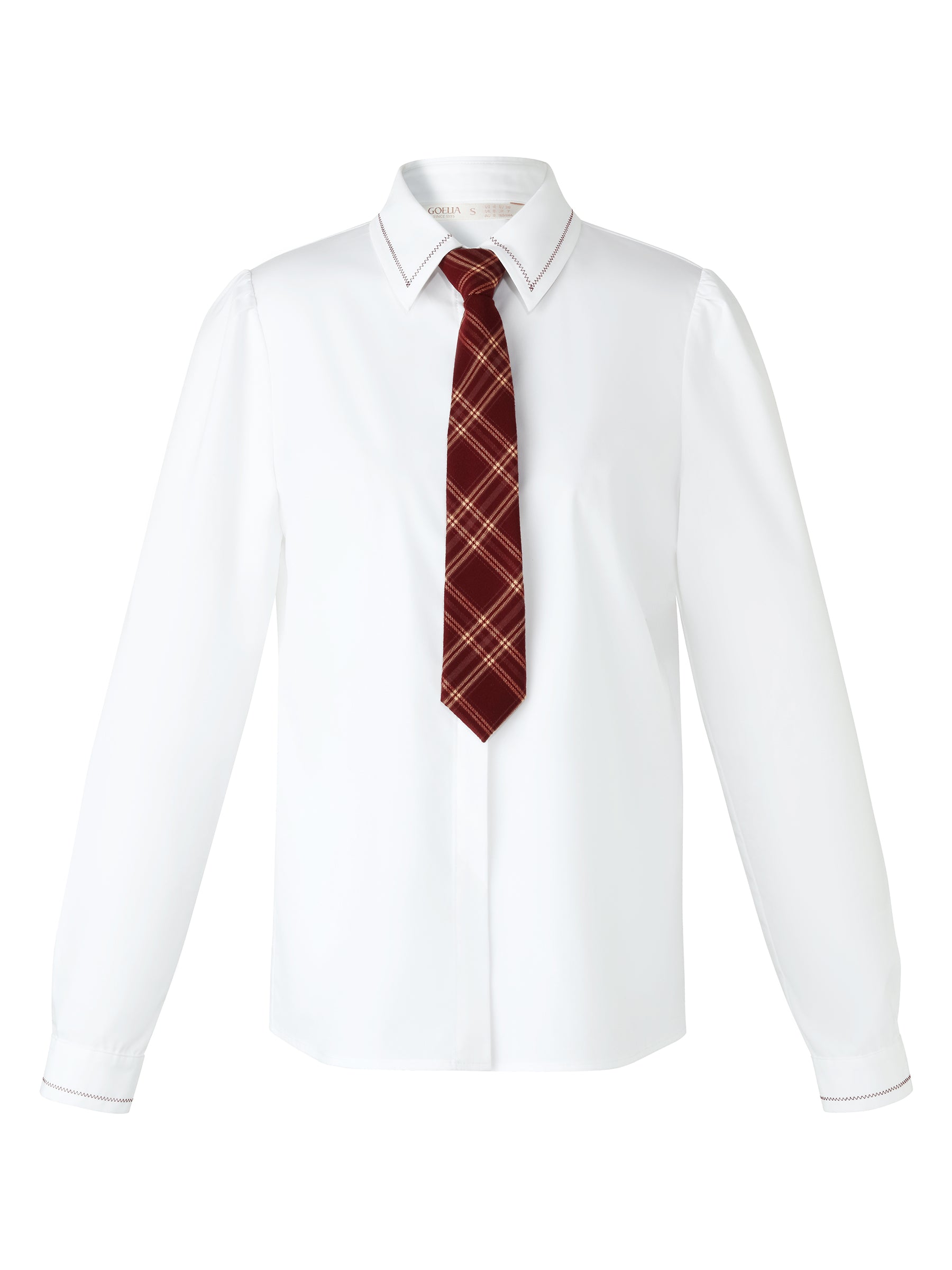 Embroidered Collar Women Shirt With Detachable Plaid Tie