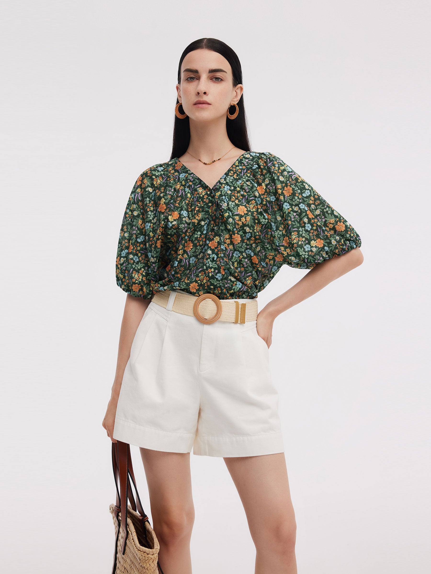 Tencel Blend Floral Print Women V-Neck Blouse
