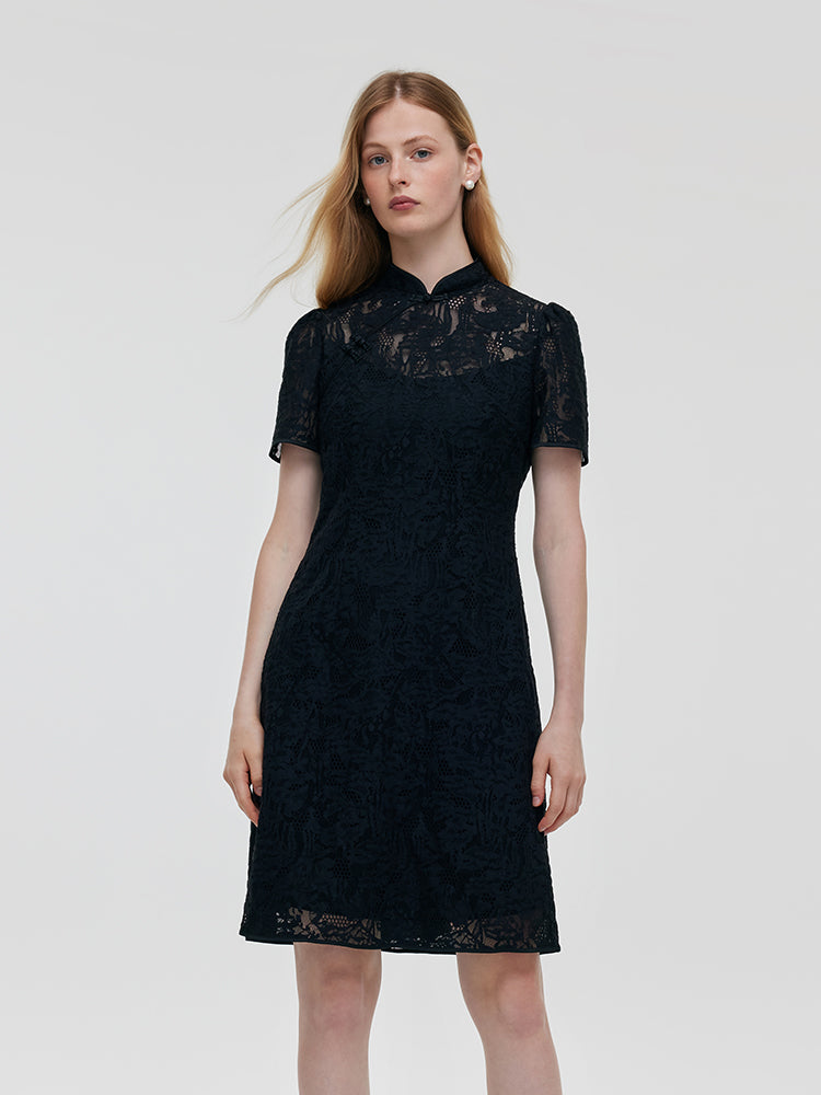 Lace Openwork Women Qipao Mini Dress