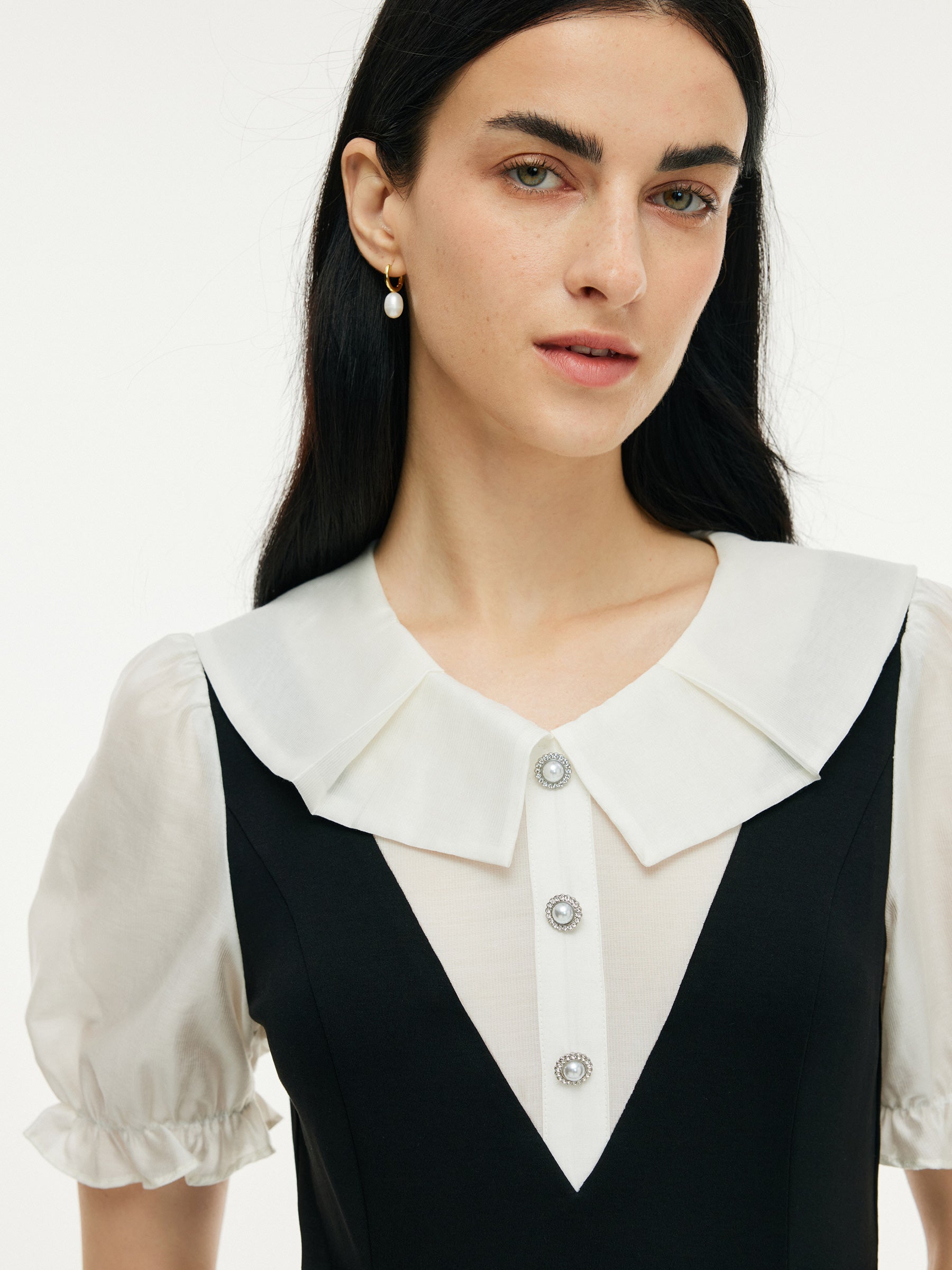 Faux Two-Piece A-Line Women Puff Sleeve Knit Mini Dress