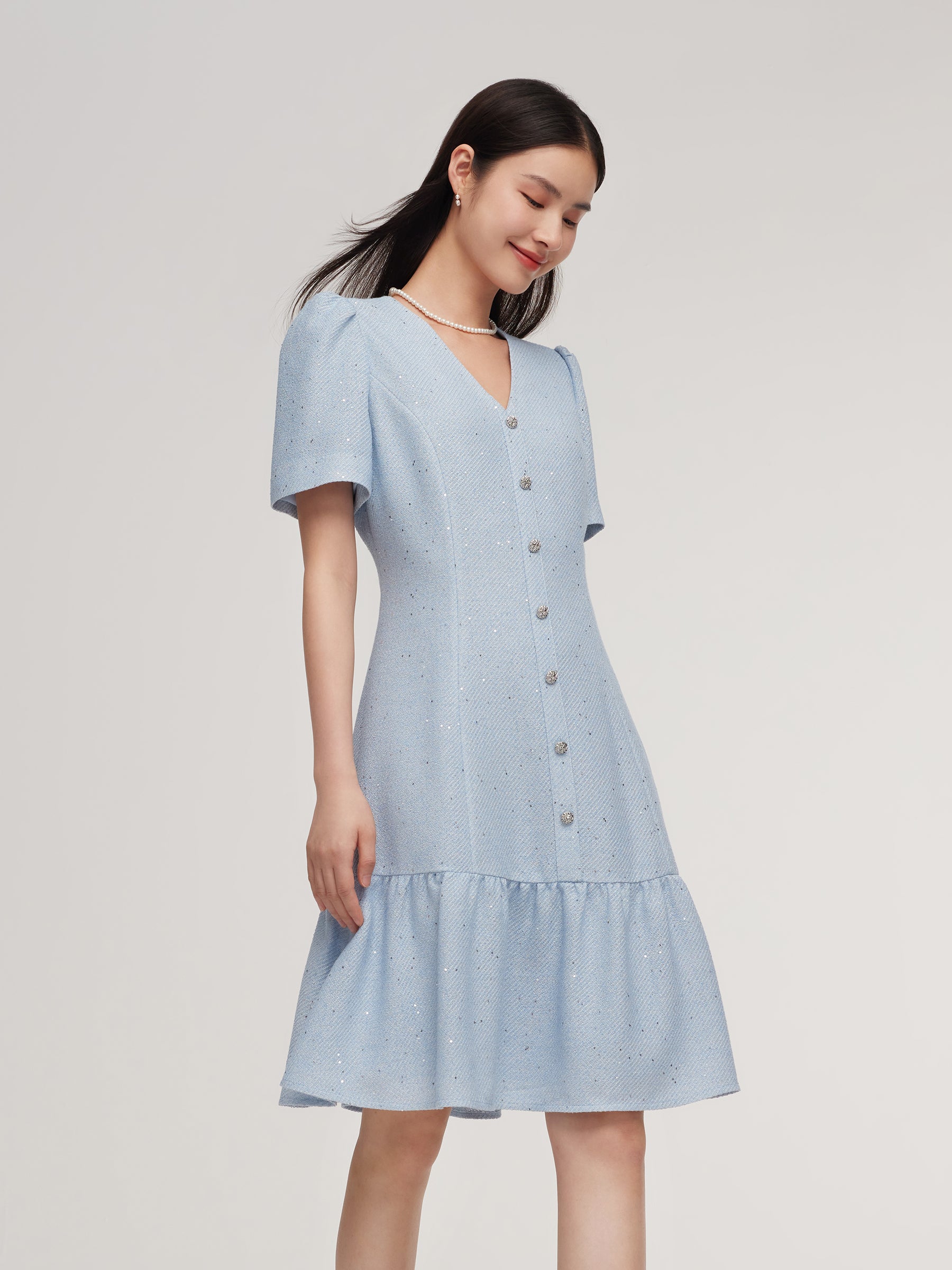 Acetate Blend Tweed Sequins Women Mini Dress