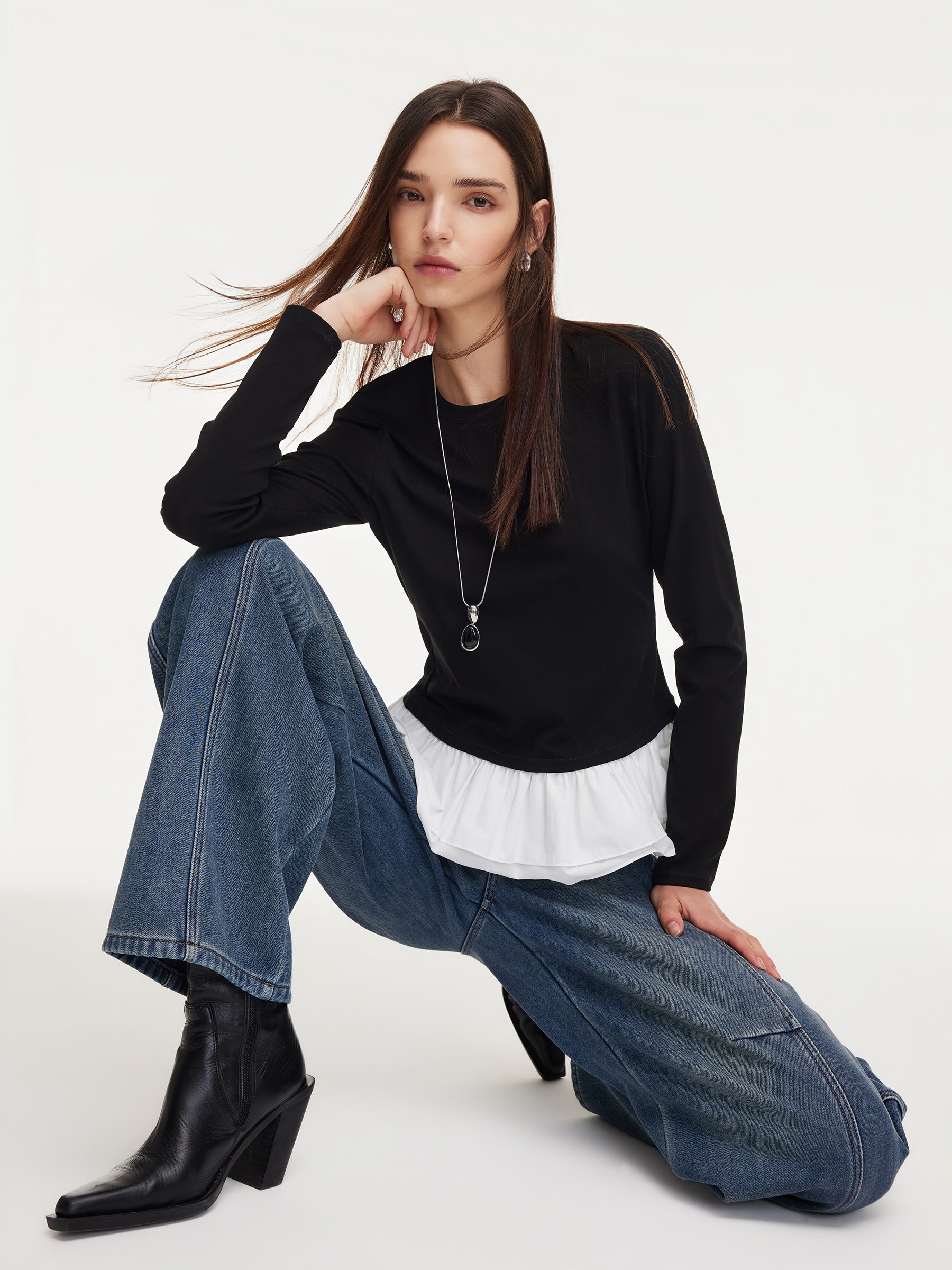 Ruffle Hem Long Sleeve Women Knit T-Shirt