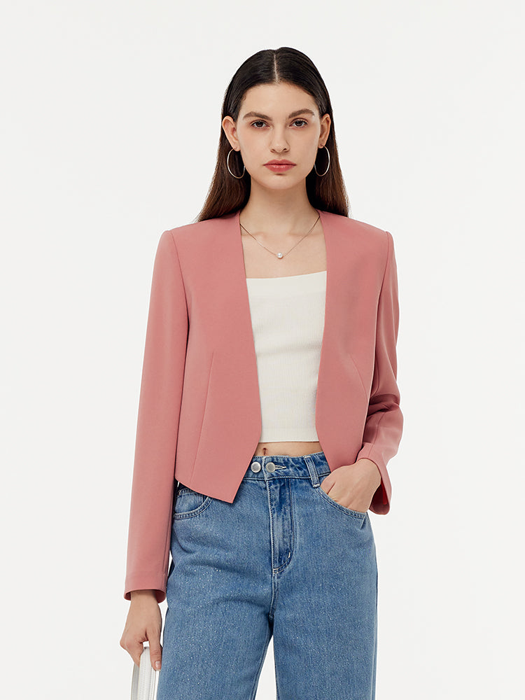 Acetate Collarless Women Crop Blazer
