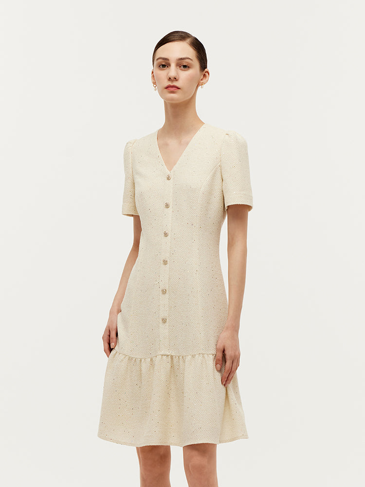 Tweed Sequins V-Neck Ruffle Hem Women Mini Dress