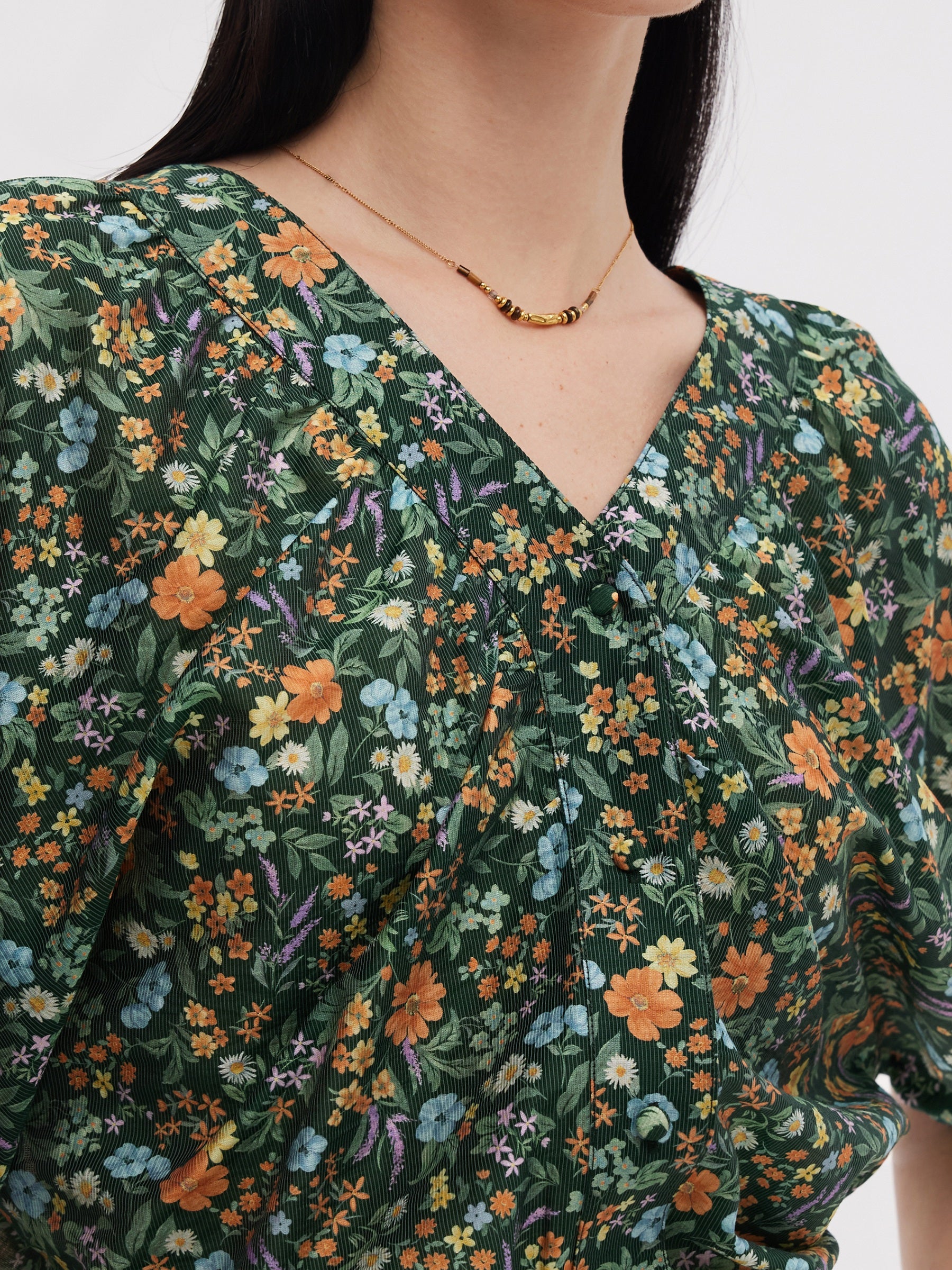 Tencel Blend Floral Print Women V-Neck Blouse