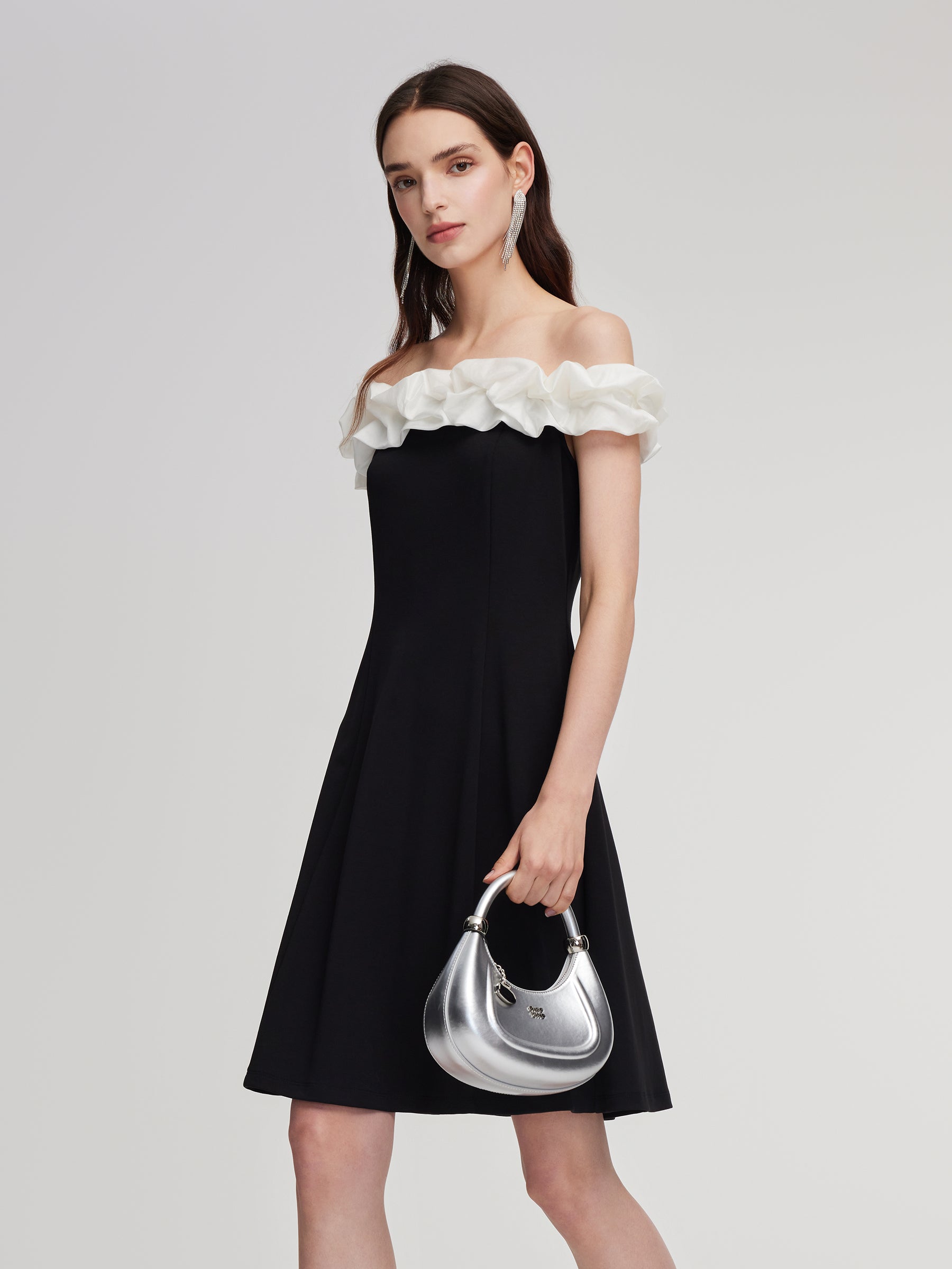 Color Block Ruffle Women Knit Mini Dress With Detachable Straps