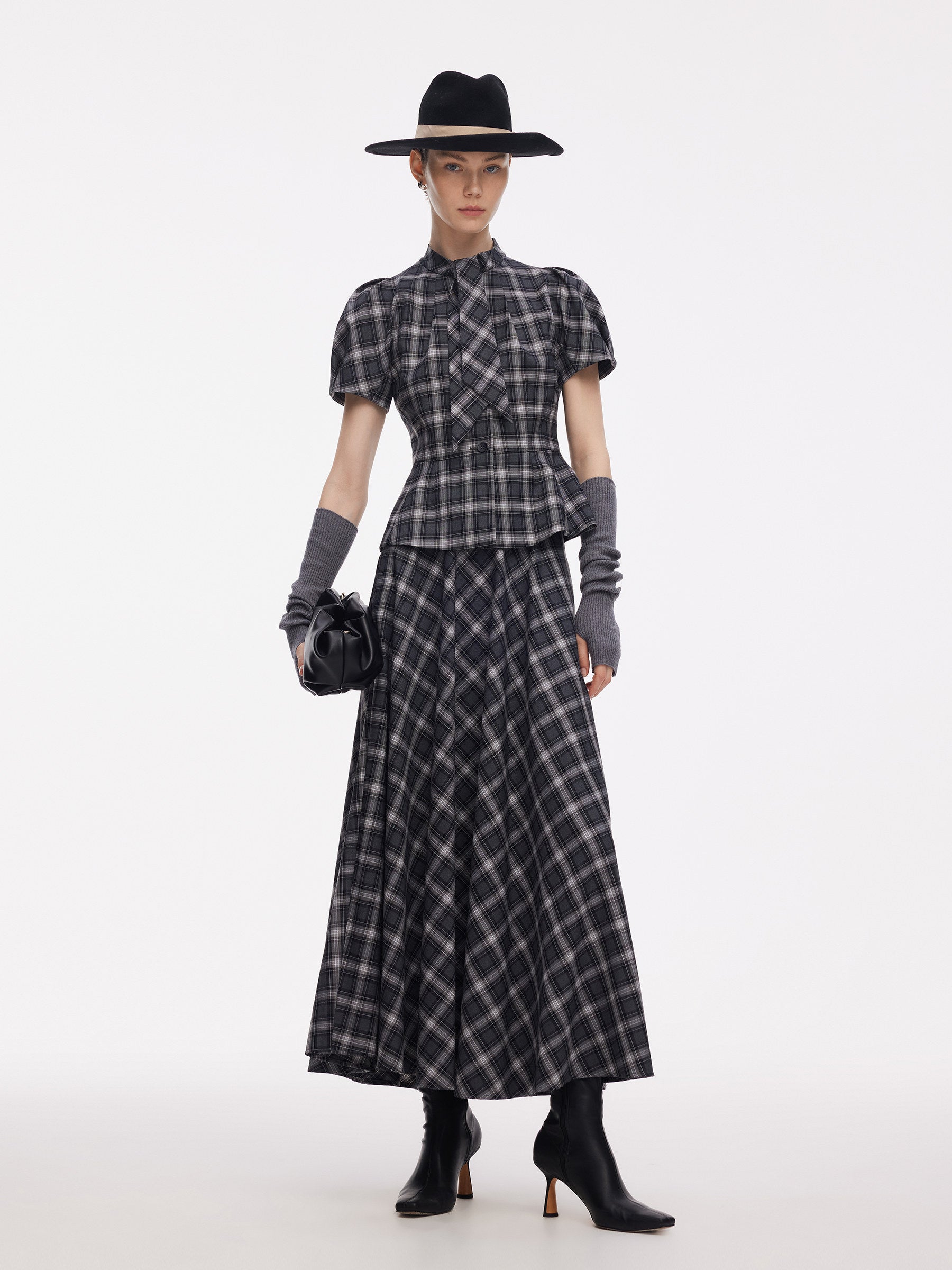 Plaid Ribbon Tie Women Flare Hem Top