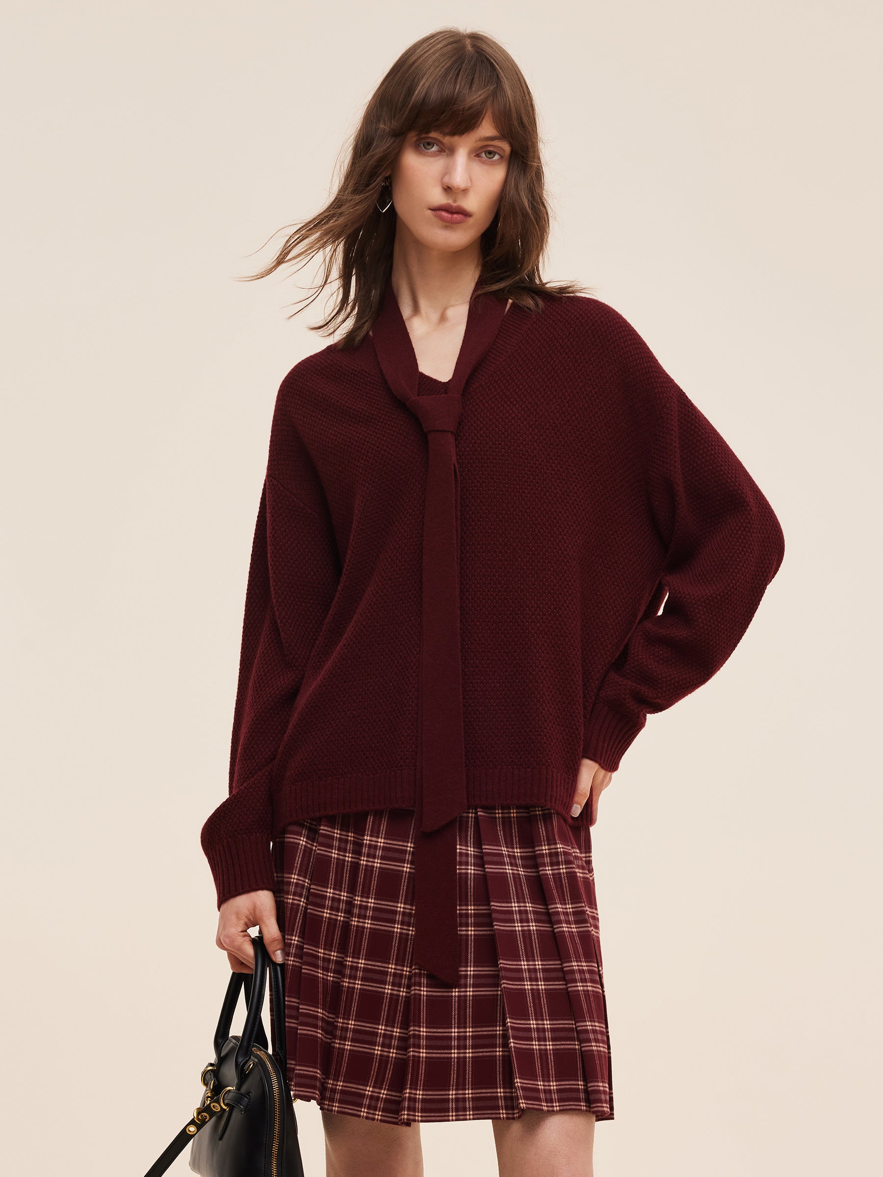 Wool Blend Women V-Neck Knit Top With Ribbon