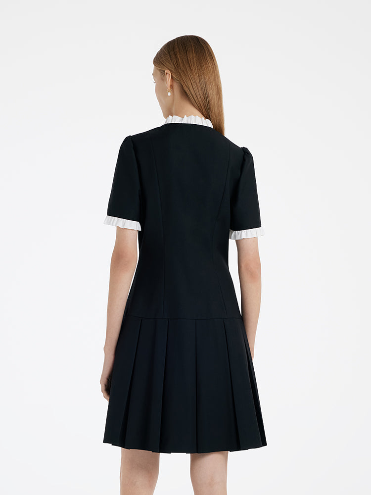 Ruffle Trim Pearl Buttons Women Mini Dress