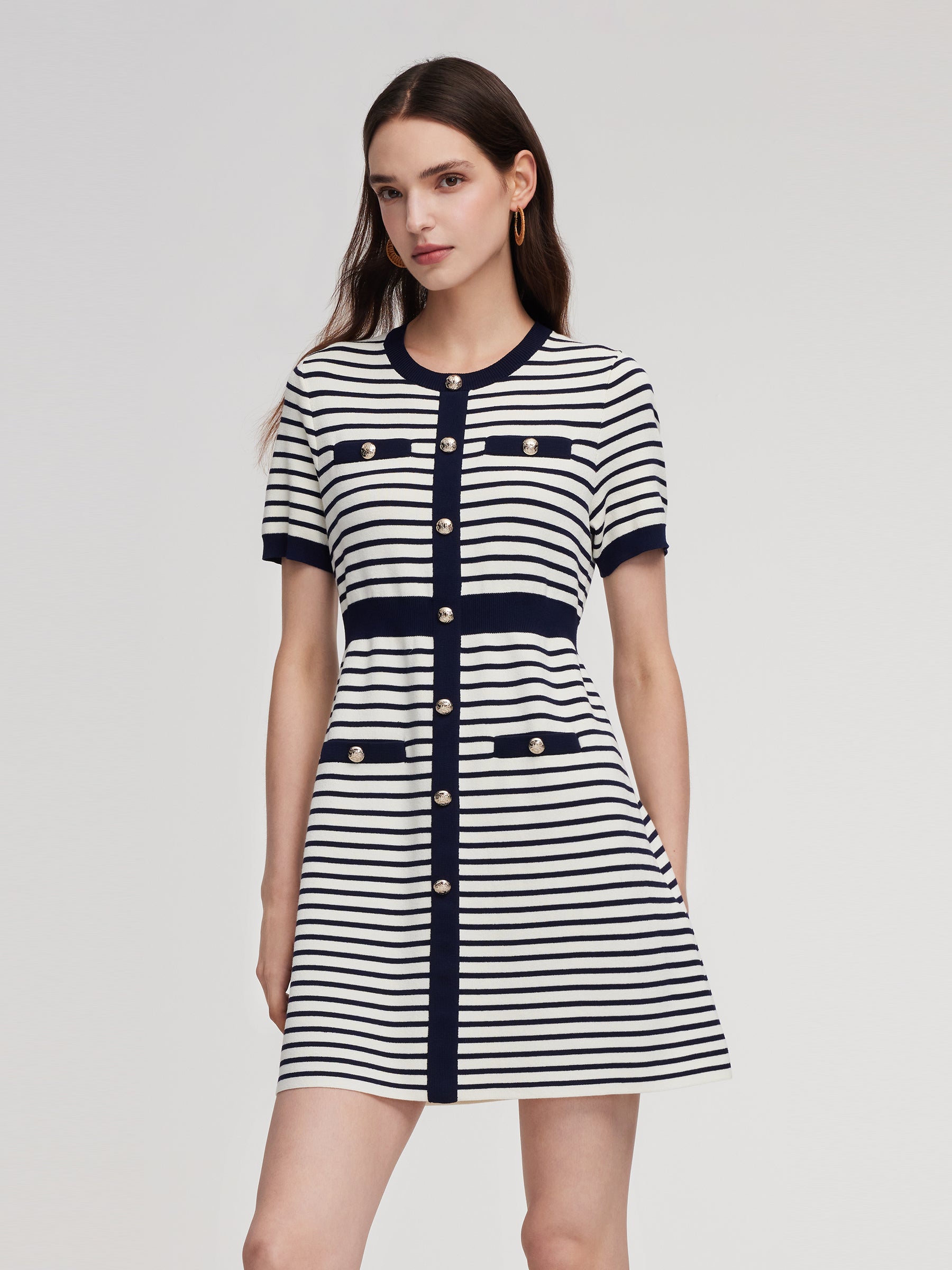 Lyocell Blend Stripe Gathered Waist Women Knit Mini Dress