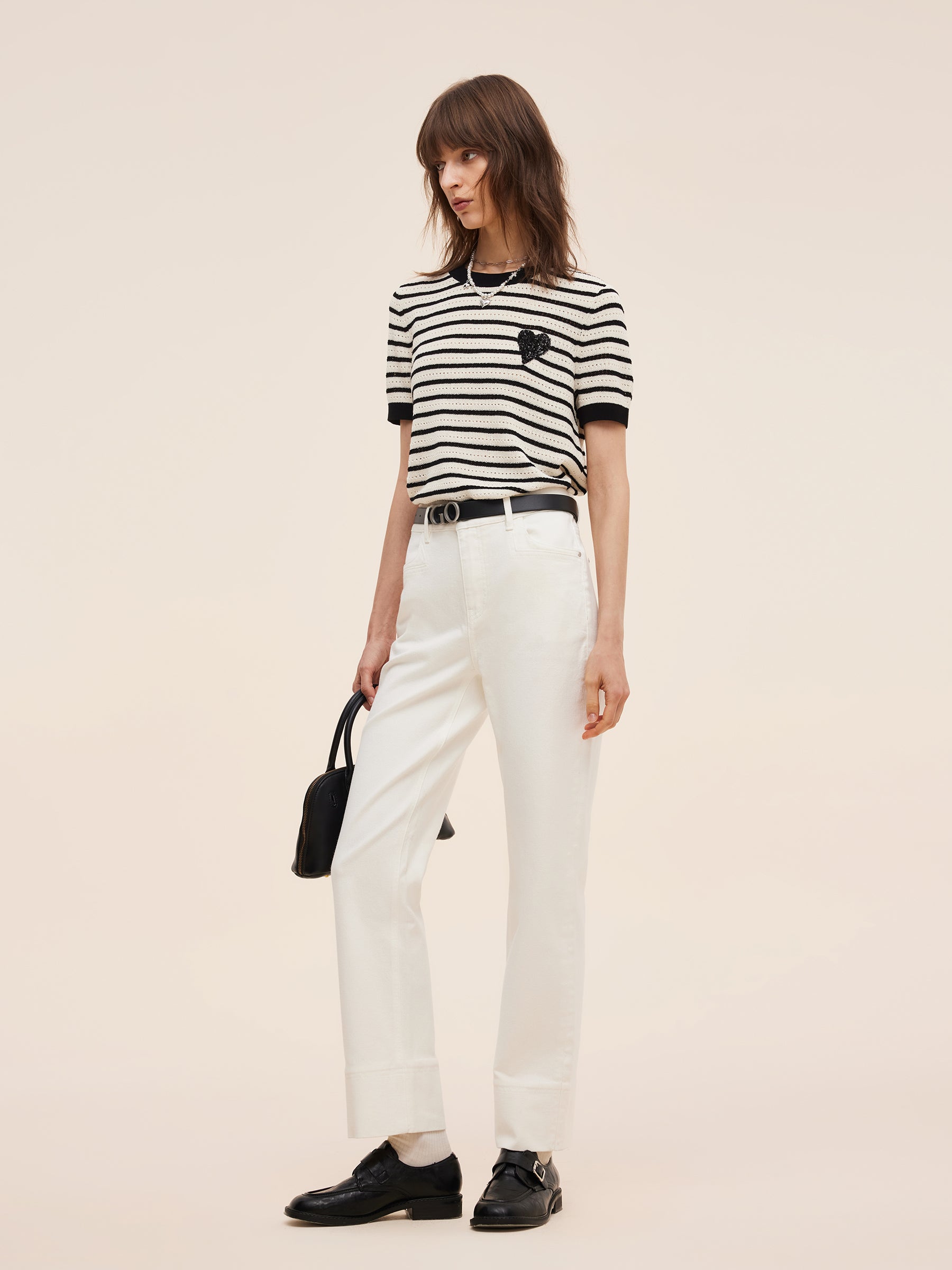 100% Cotton Stripe Women Openwork Knit T-Shirt