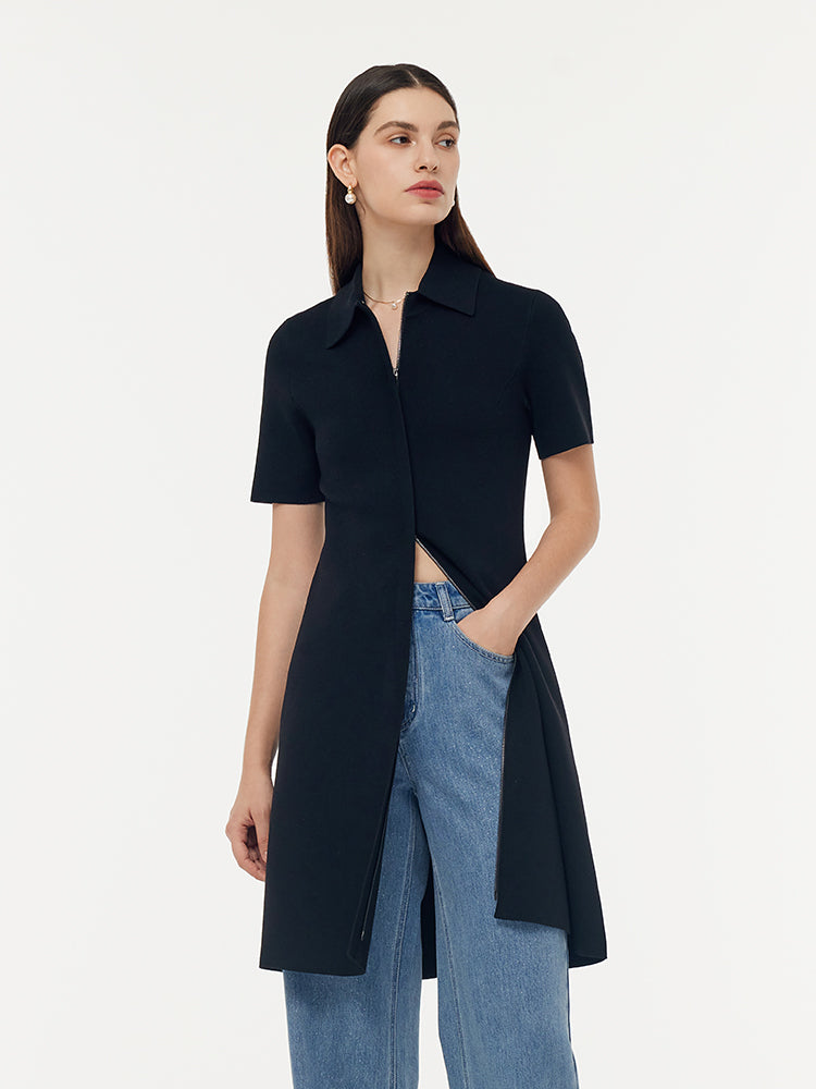 Zip-Up Gathered Waist Women Convertible Knit Mini Dress