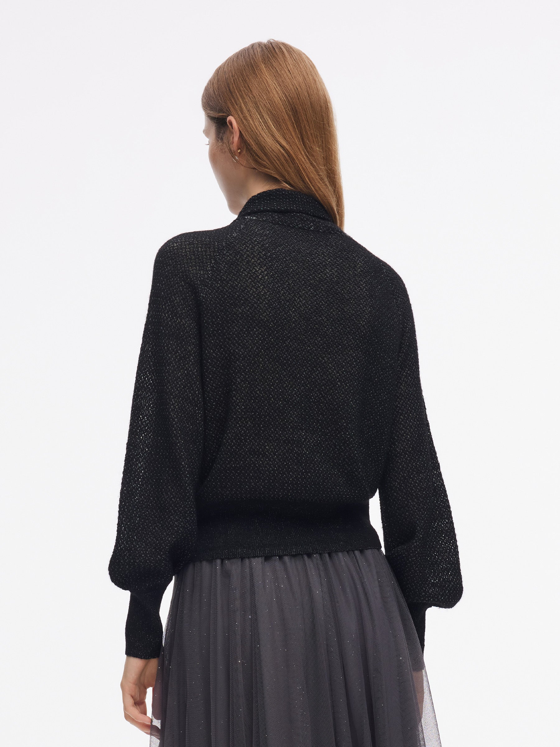 Tie Front Balloon Sleeve Women Knit Top