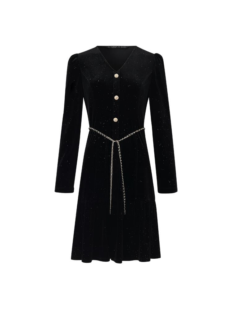 Velvet V-Neck Women Dress With Chain Belt
