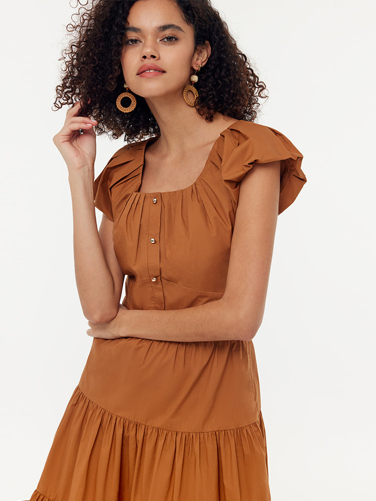 100% Cotton Ruffle Sleeve Gathered Waist Women Mini Dress