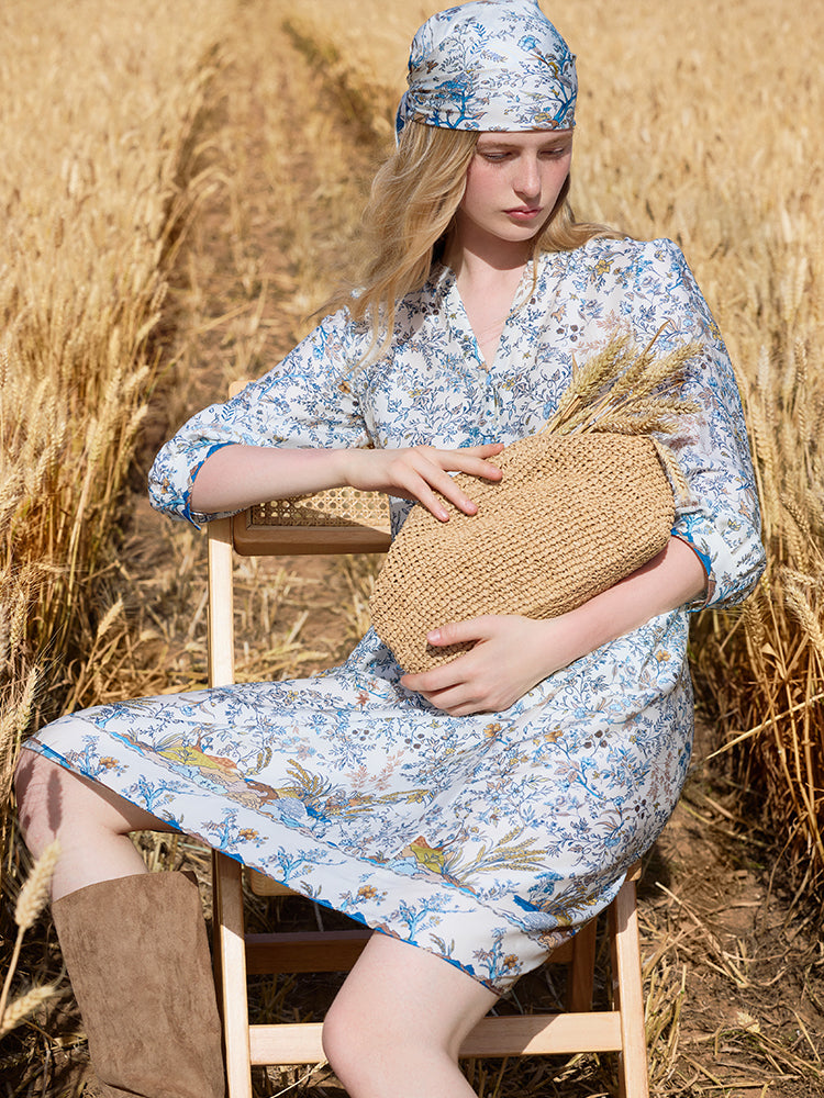 19 Momme Mulberry Silk Print Women Mini Dress With Scrunchie