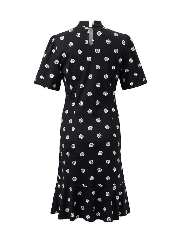 Rose Print Puff Sleeves Women Qipao Mini Dress