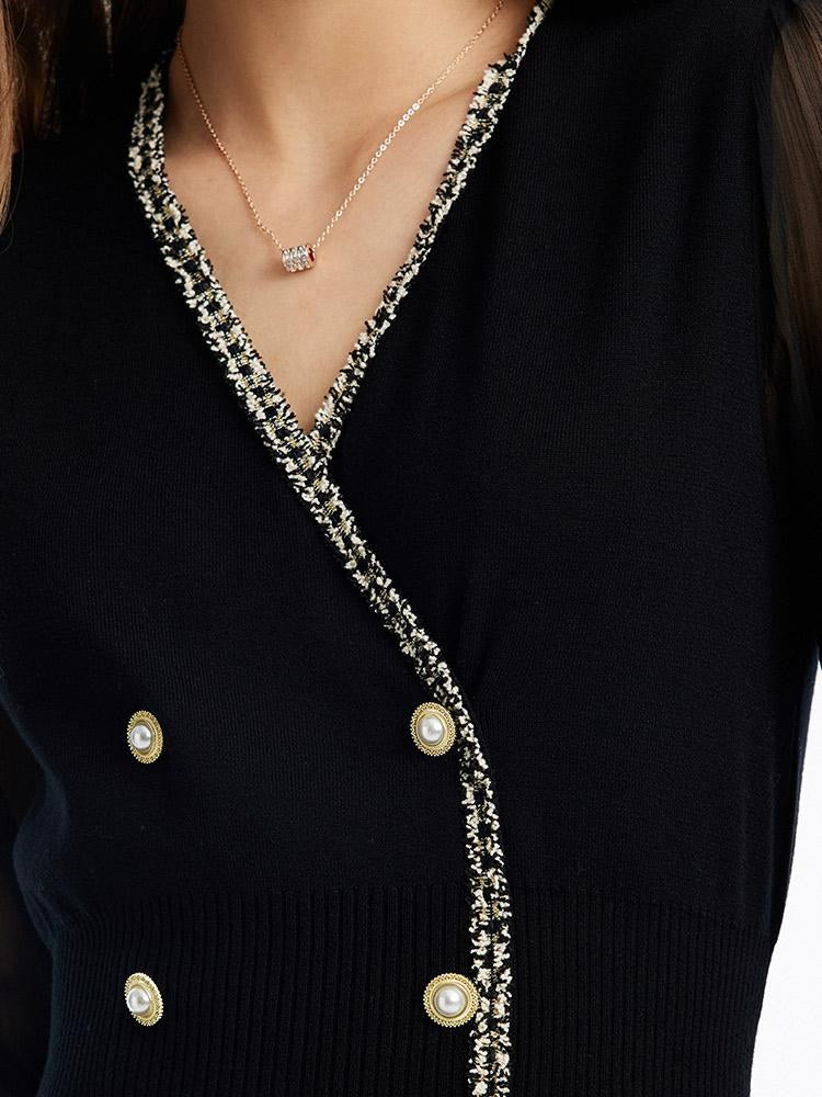 Tulle Sleeve V-Neck Double-Breasted Mini Dress