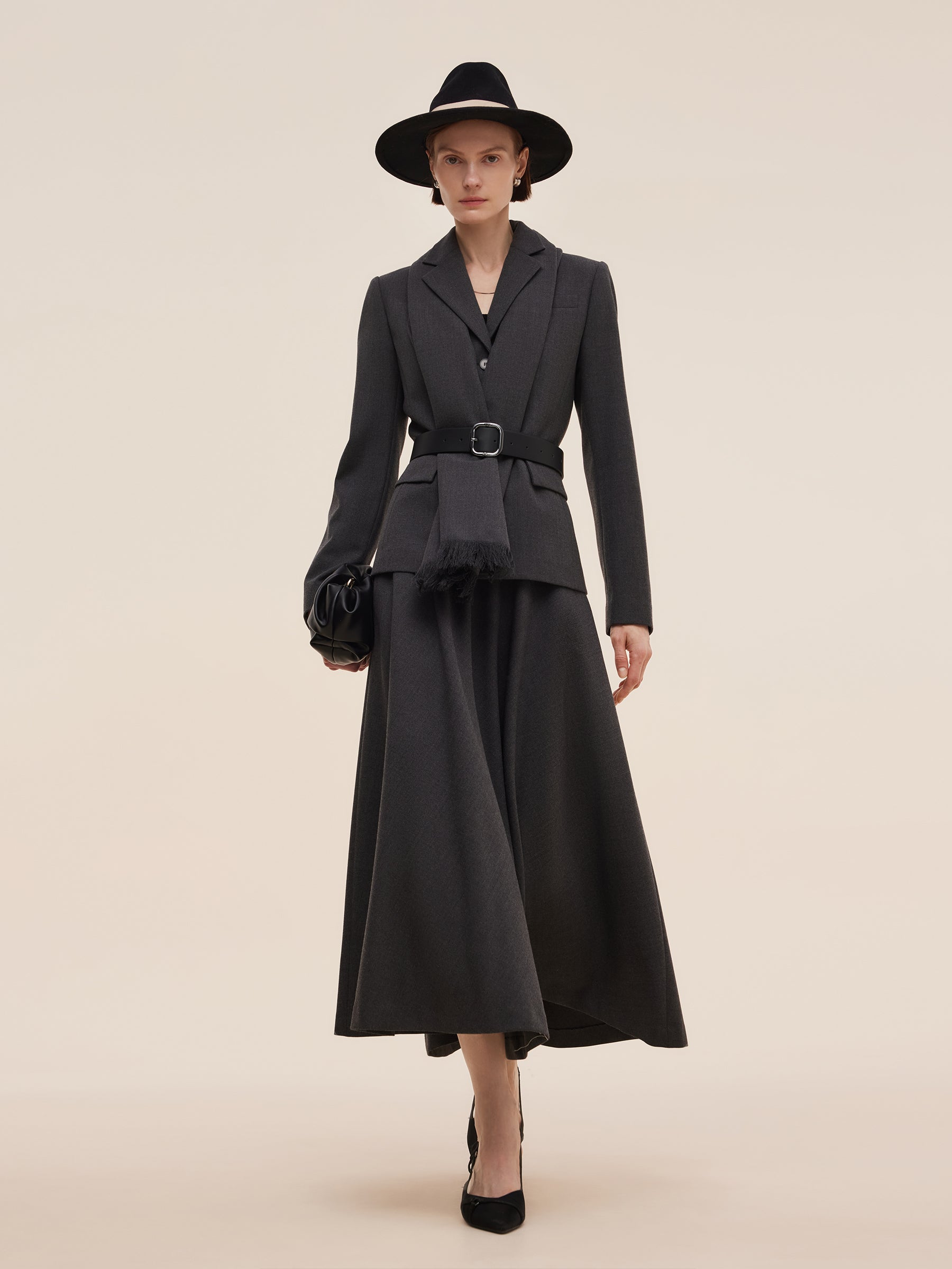 Worsted Wool Blend Women Blazer With Fringe Scarf And Belt