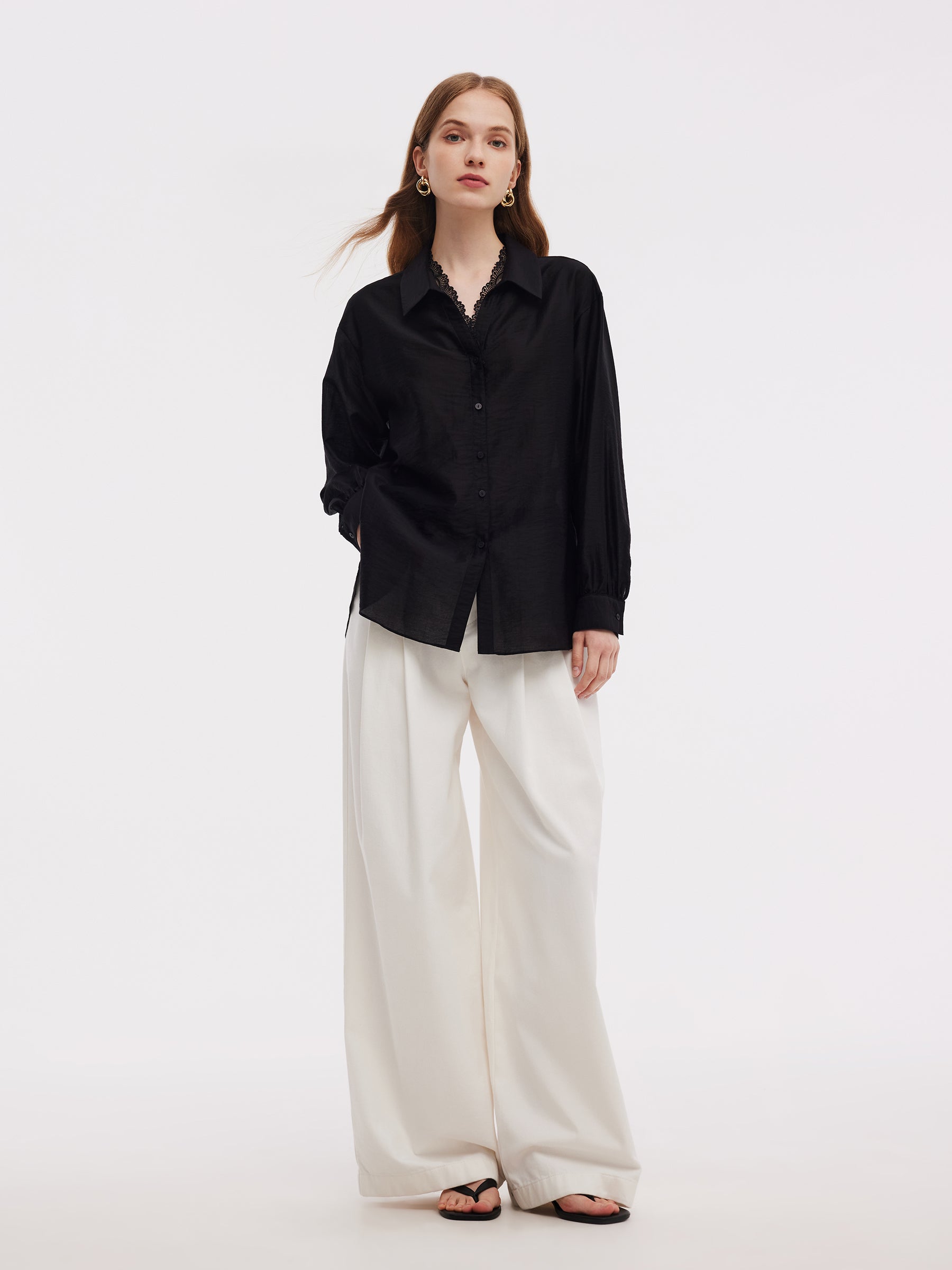 Tencel Blend Lace V-Neck Women Mock Layered Shirt