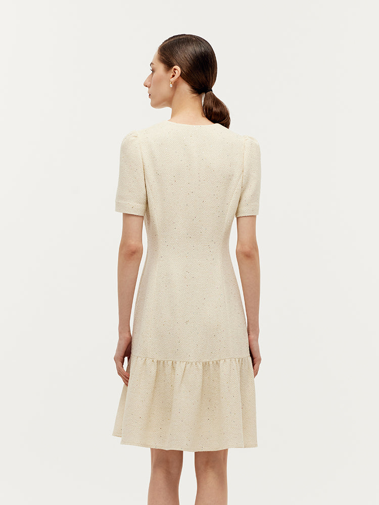 Tweed Sequins V-Neck Ruffle Hem Women Mini Dress