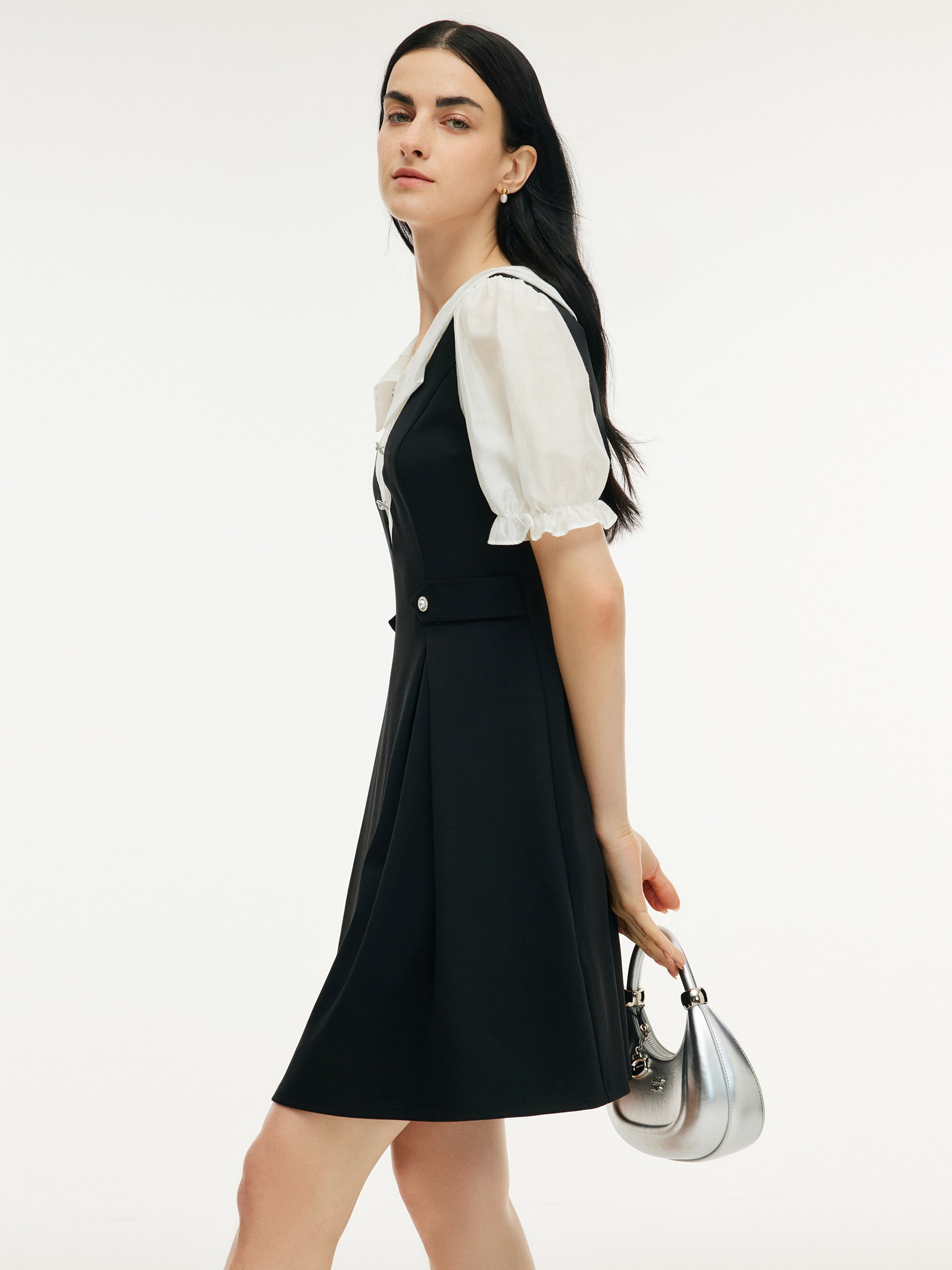 Faux Two-Piece A-Line Women Puff Sleeve Knit Mini Dress