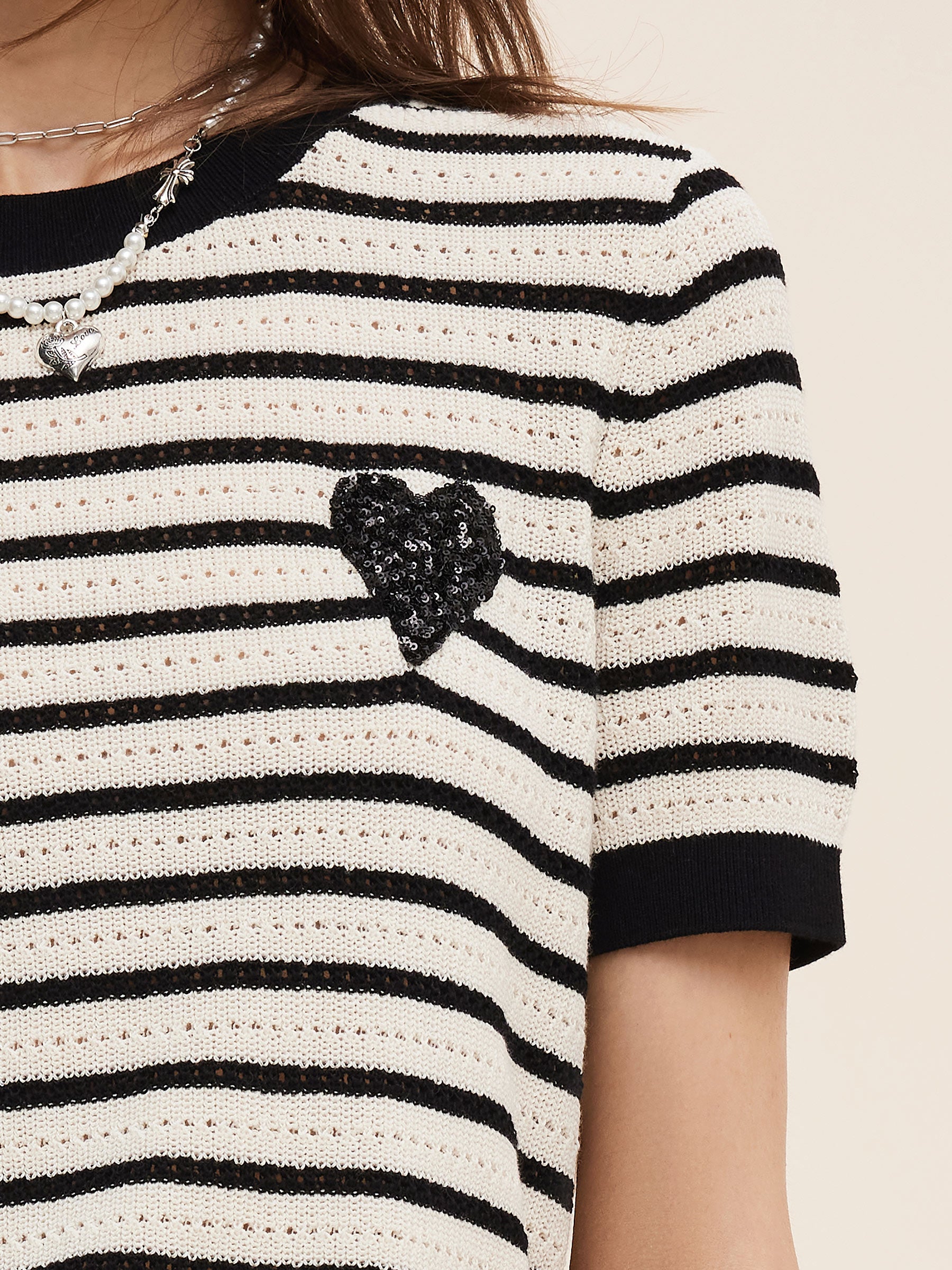 100% Cotton Stripe Women Openwork Knit T-Shirt