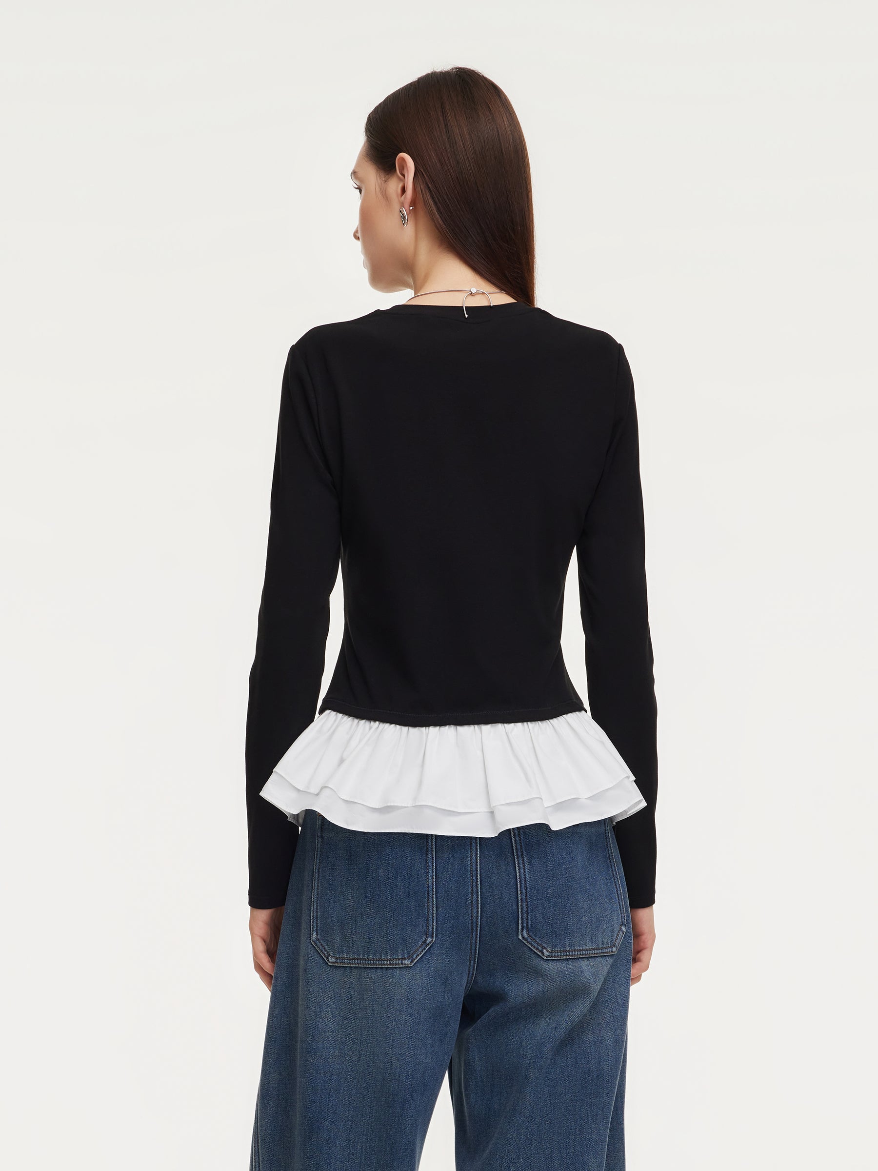 Ruffle Hem Long Sleeve Women Knit T-Shirt