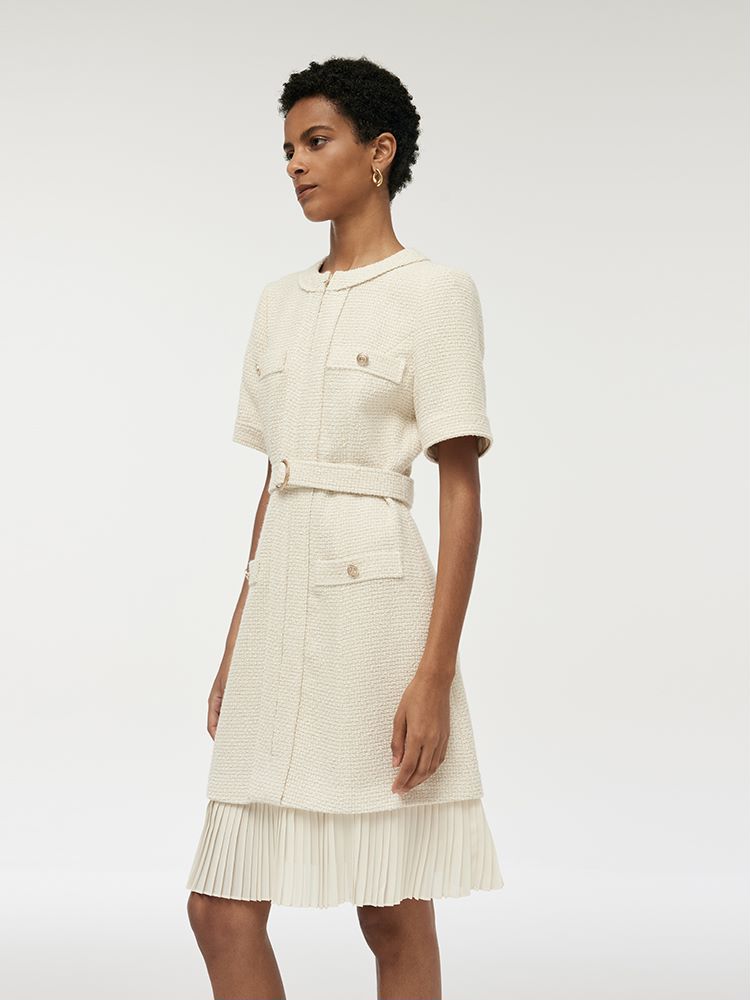 Wool Blend Tweed Women Mini Dress With Belt