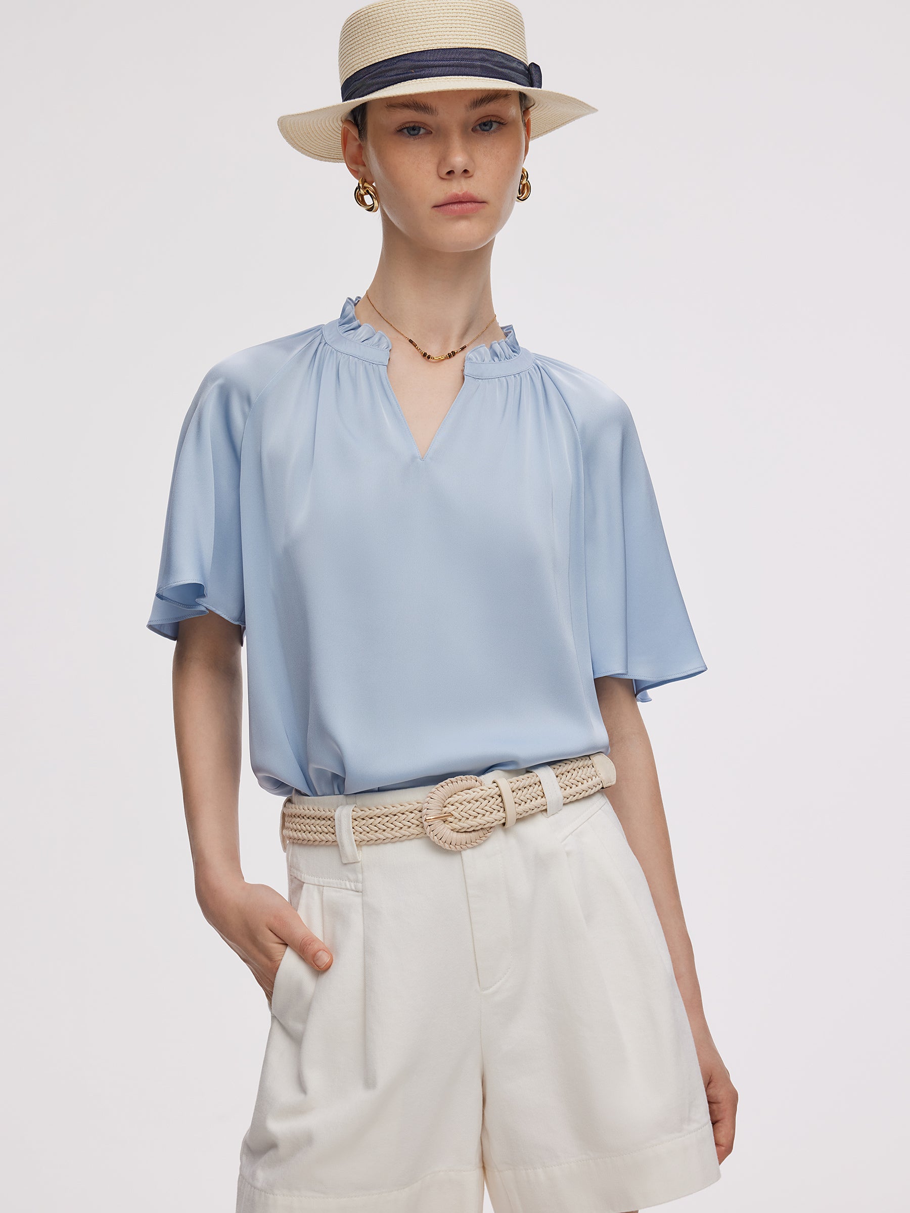 22MM Mulberry Silk Women Ruffle Sleeve Blouse